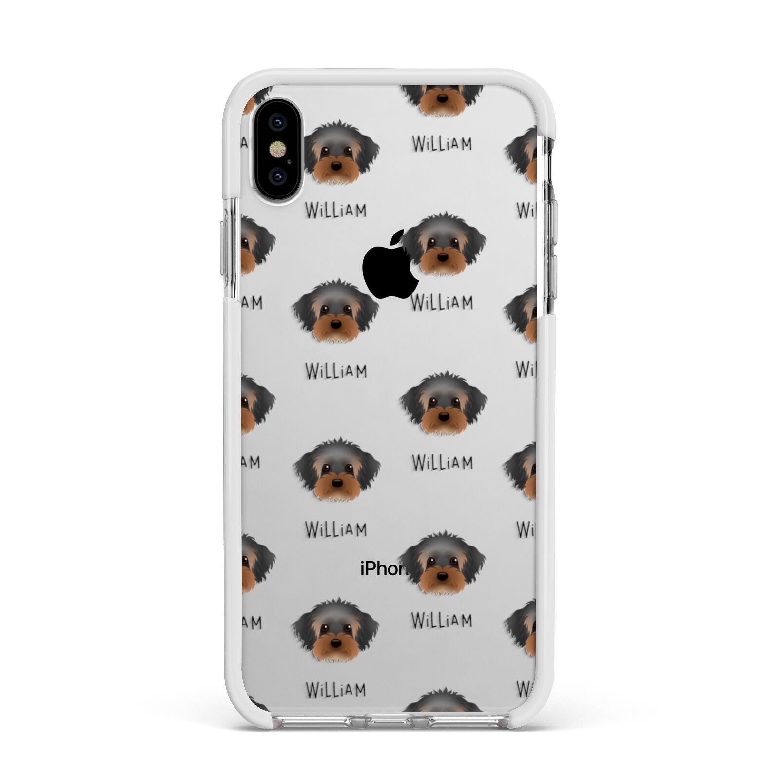 Yorkipoo Icon with Name Apple iPhone Xs Max Impact Case White Edge on Silver Phone