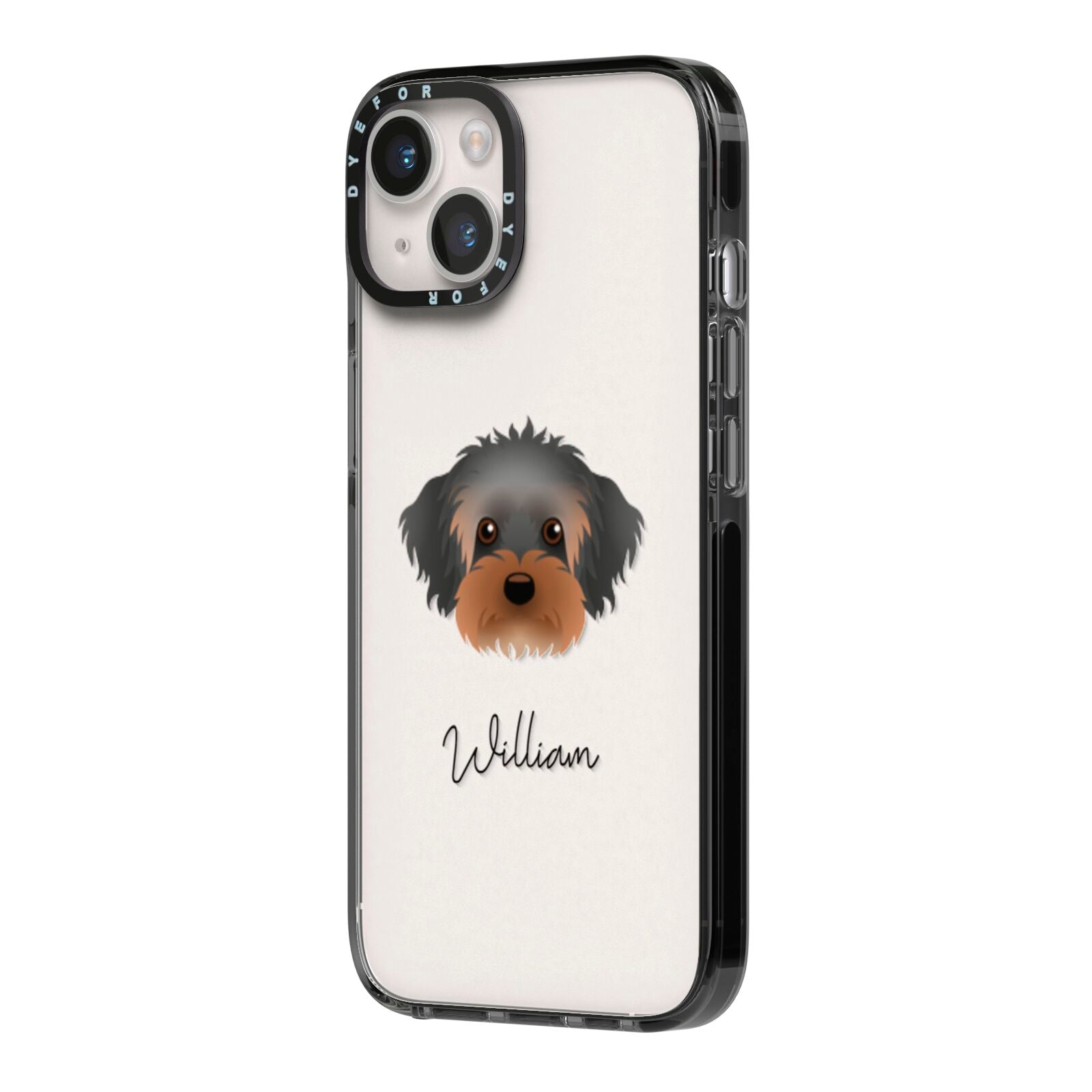 Yorkipoo Personalised iPhone 14 Black Impact Case Side Angle on Silver phone