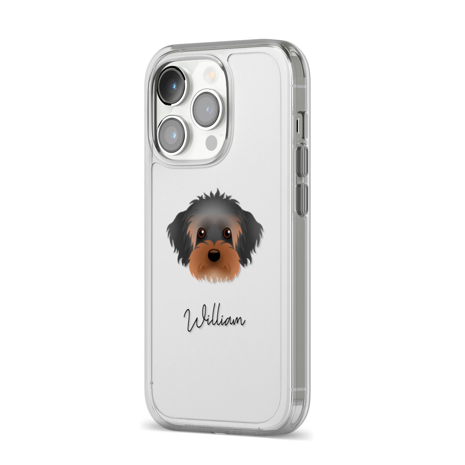 Yorkipoo Personalised iPhone 14 Pro Clear Tough Case Silver Angled Image