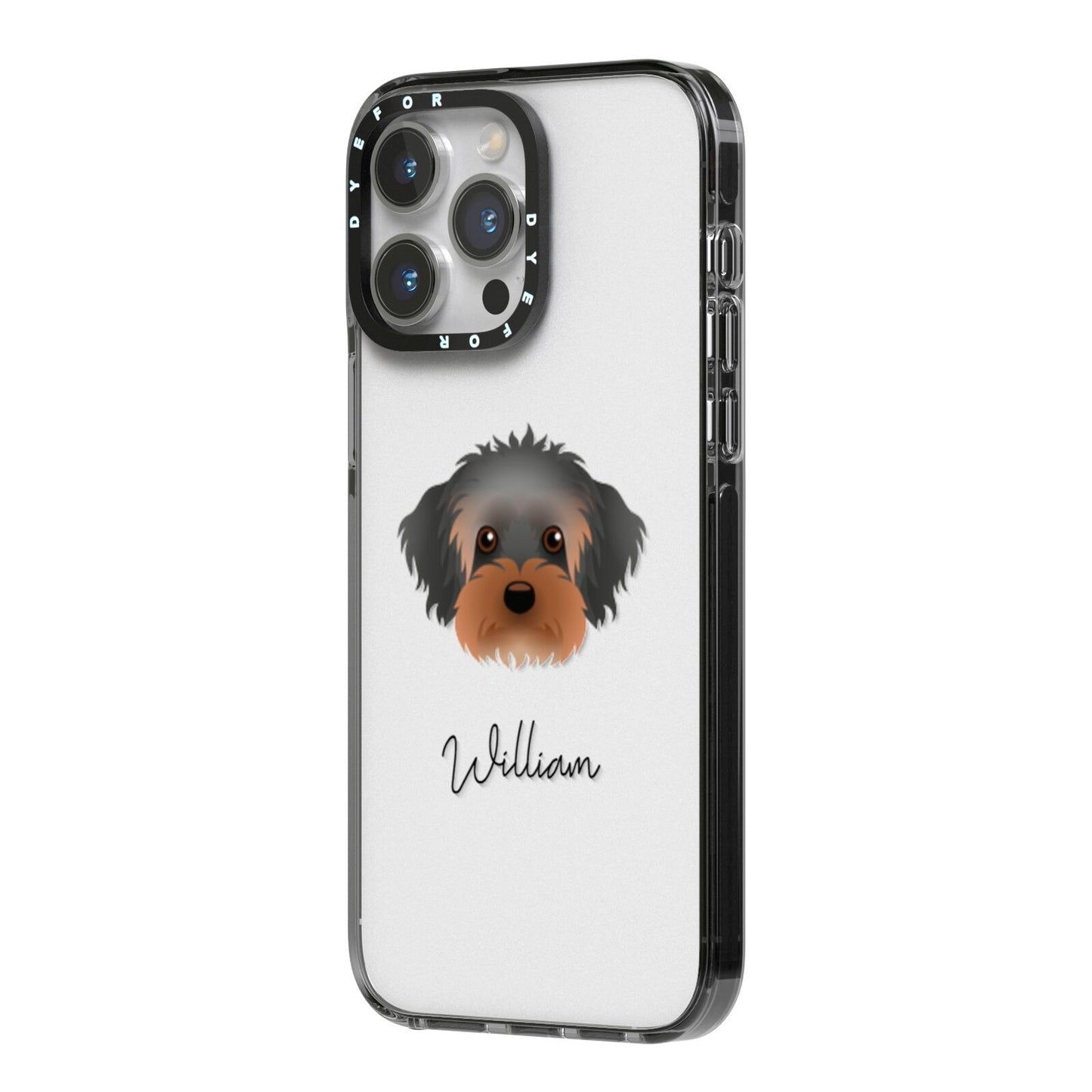 Yorkipoo Personalised iPhone 14 Pro Max Black Impact Case Side Angle on Silver phone