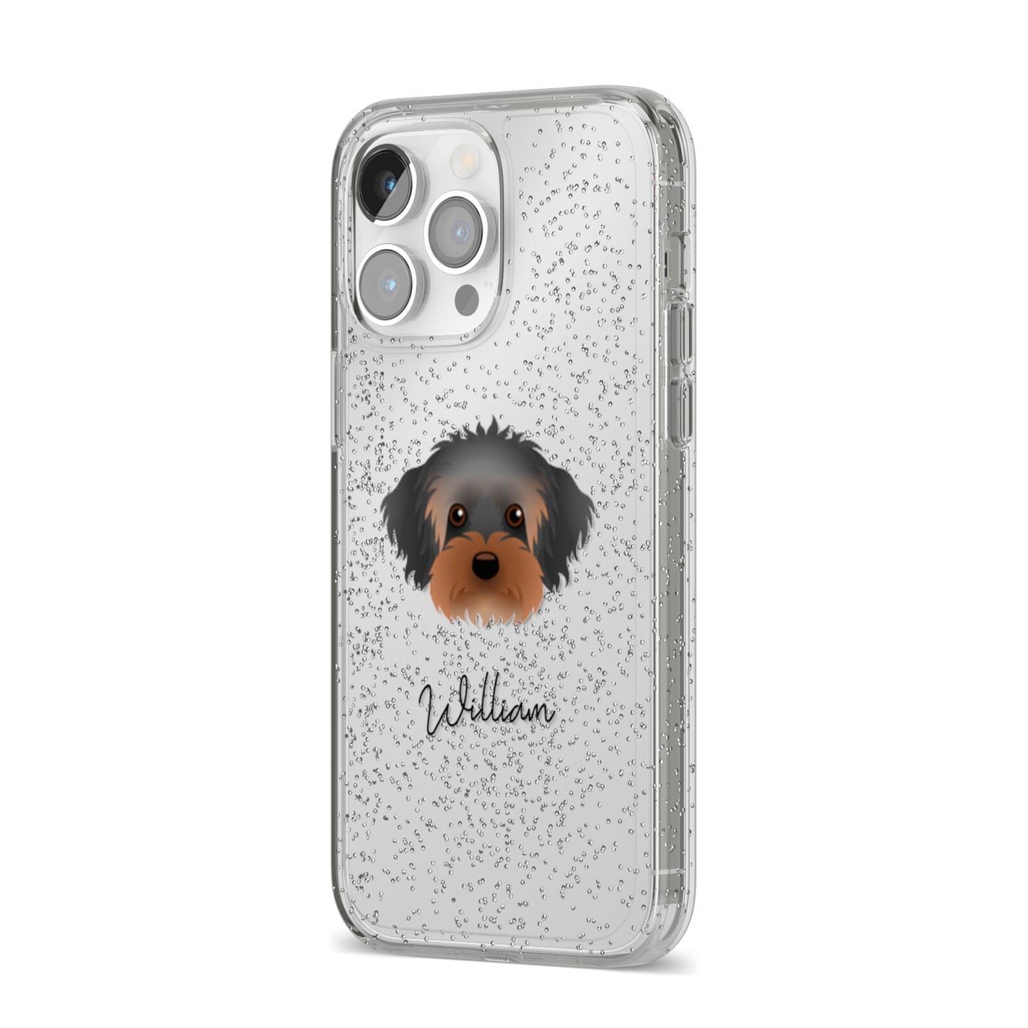 Yorkipoo Personalised iPhone 14 Pro Max Glitter Tough Case Silver Angled Image