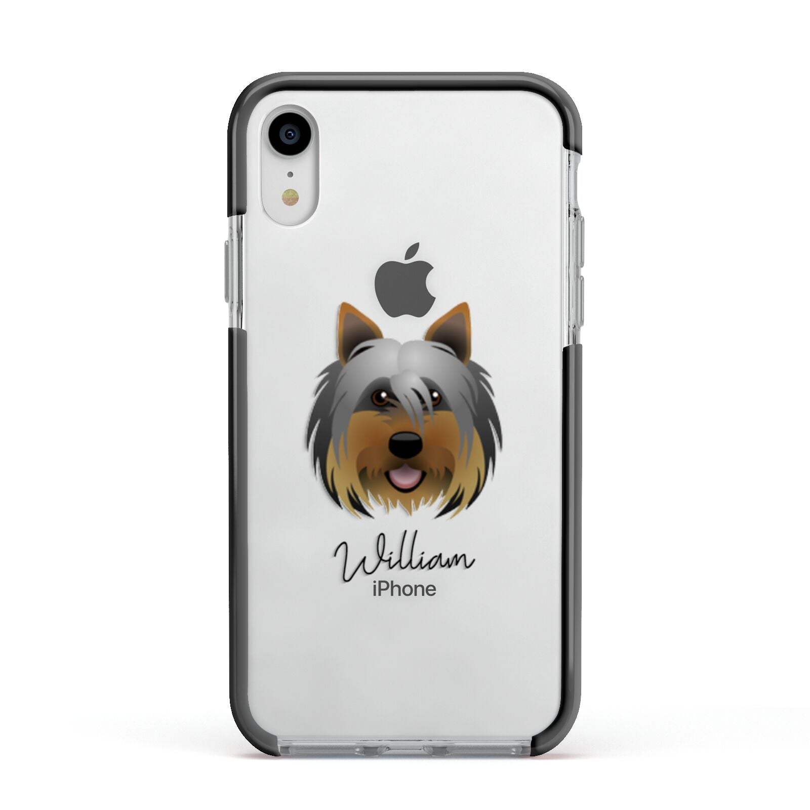 Yorkshire Terrier Personalised Apple iPhone XR Impact Case Black Edge on Silver Phone