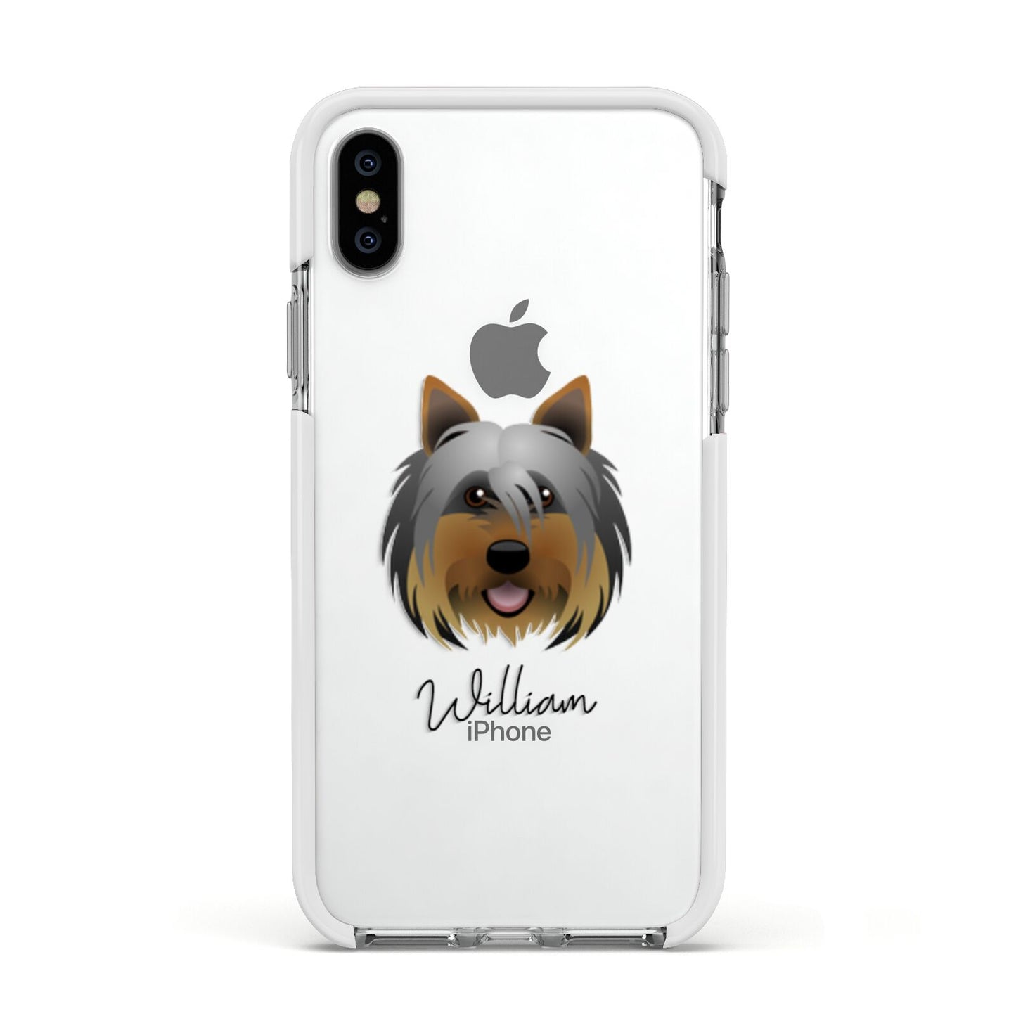 Yorkshire Terrier Personalised Apple iPhone Xs Impact Case White Edge on Silver Phone