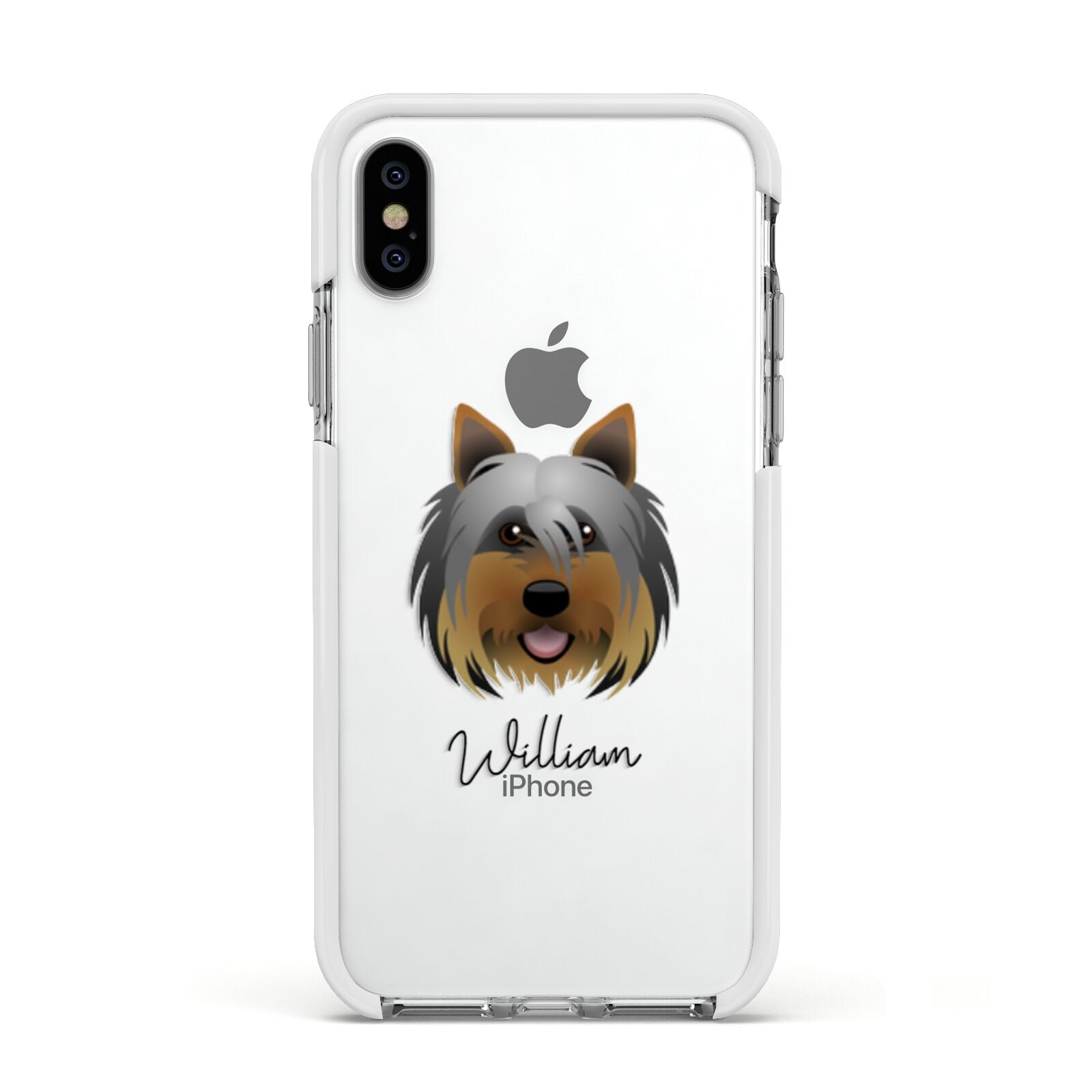 Yorkshire Terrier Personalised Apple iPhone Xs Impact Case White Edge on Silver Phone
