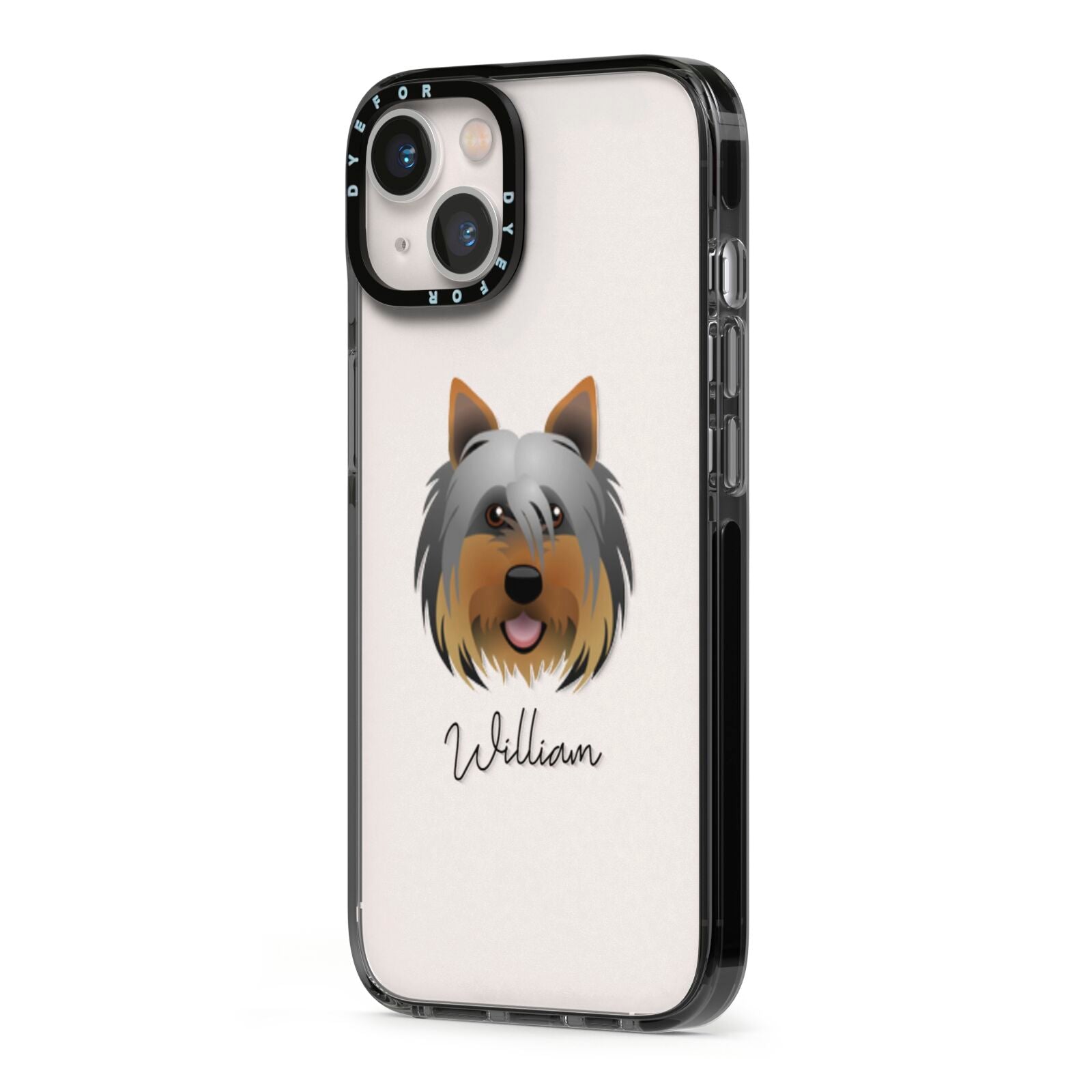 Yorkshire Terrier Personalised iPhone 13 Black Impact Case Side Angle on Silver phone