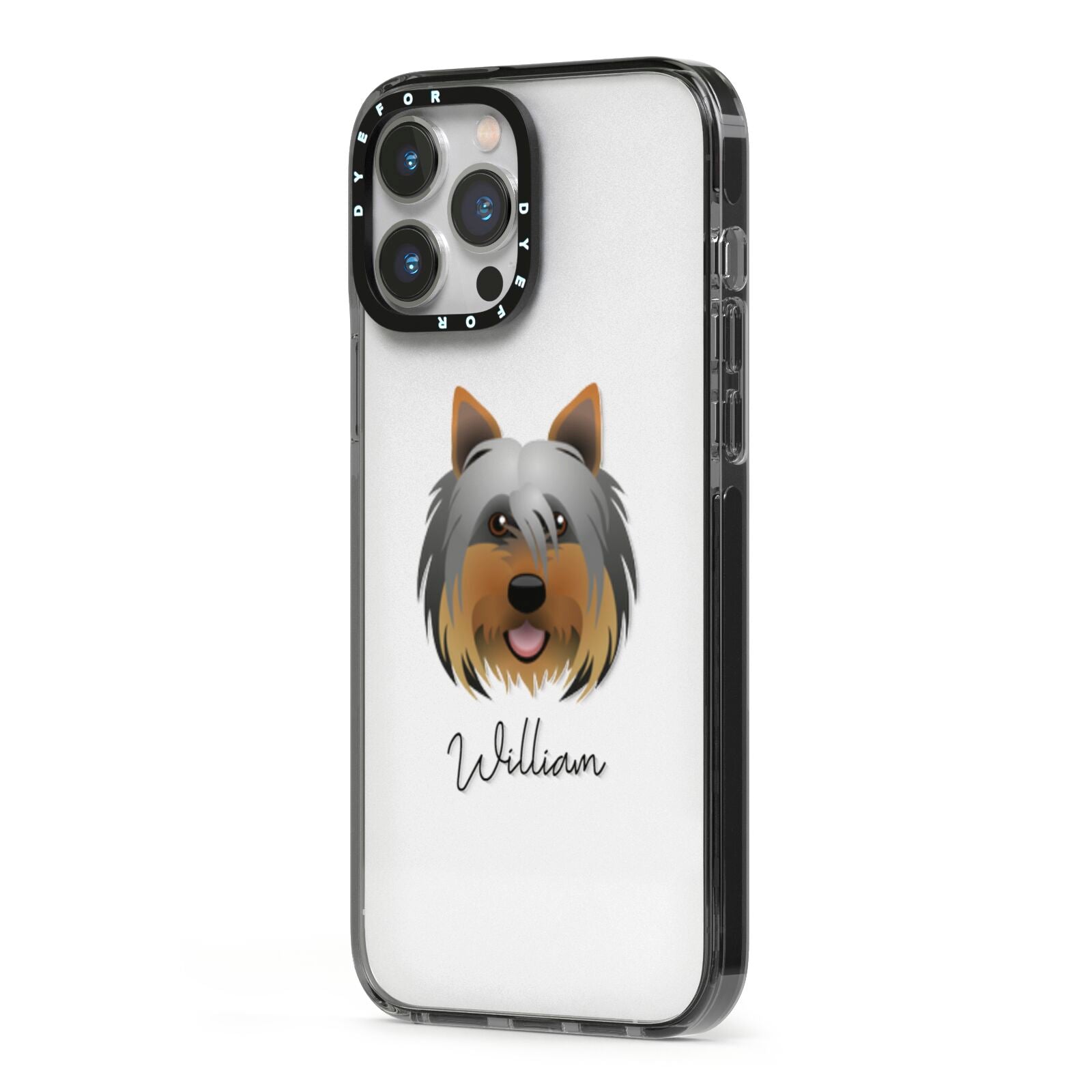 Yorkshire Terrier Personalised iPhone 13 Pro Max Black Impact Case Side Angle on Silver phone
