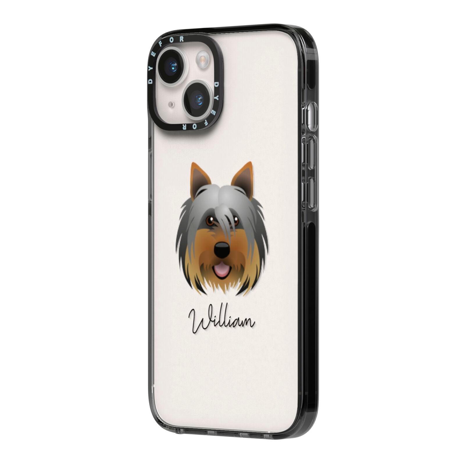 Yorkshire Terrier Personalised iPhone 14 Black Impact Case Side Angle on Silver phone