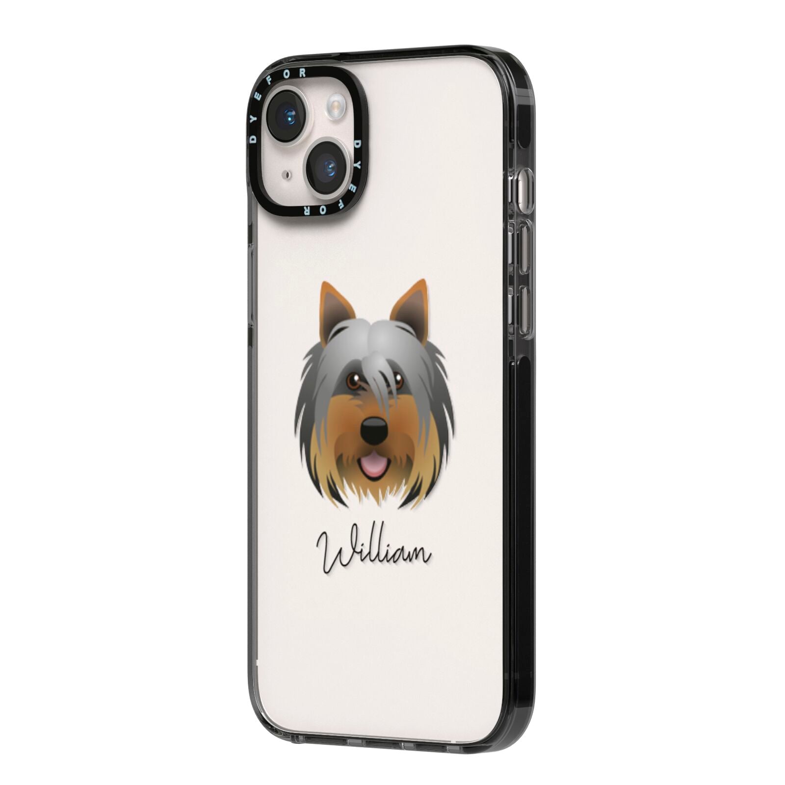 Yorkshire Terrier Personalised iPhone 14 Plus Black Impact Case Side Angle on Silver phone