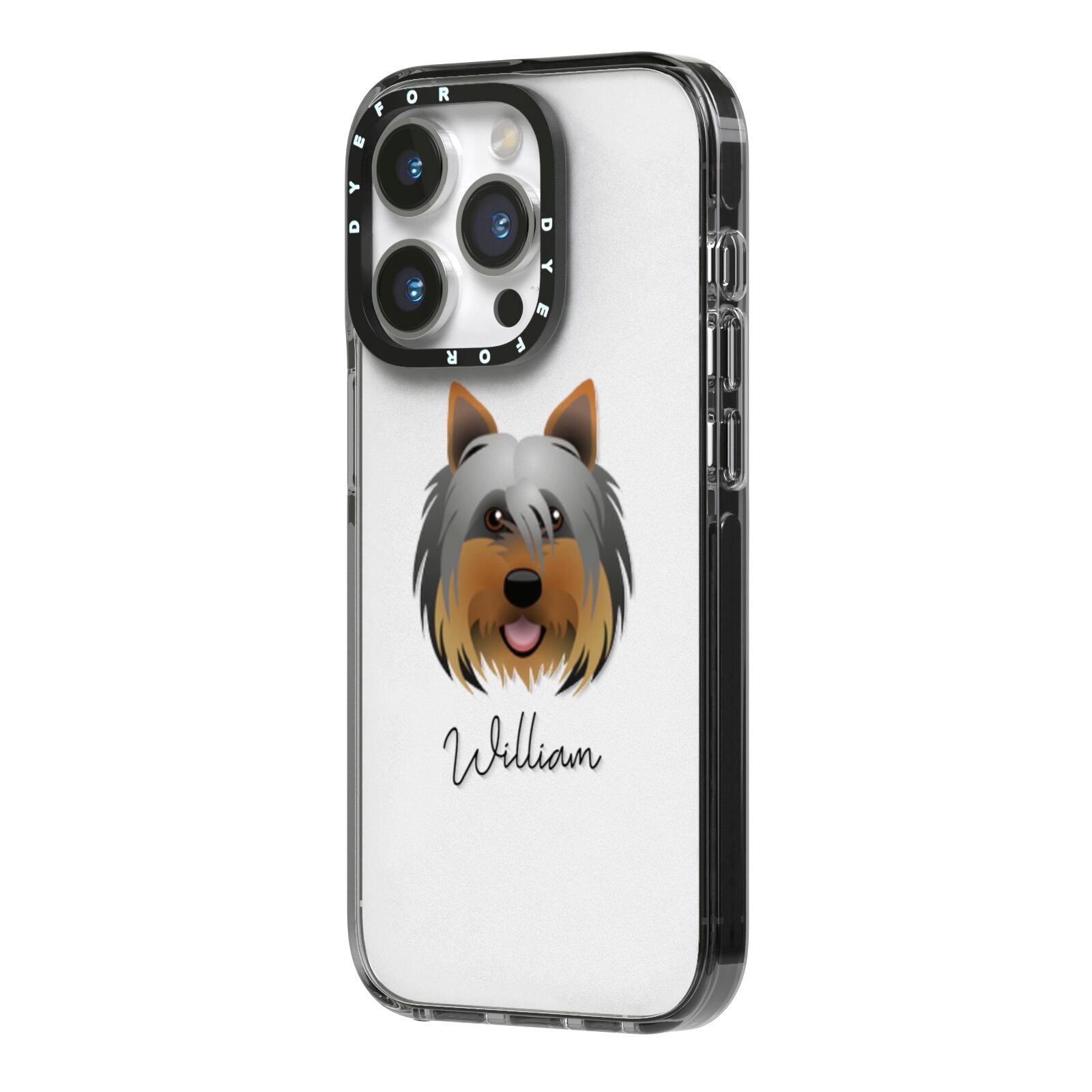 Yorkshire Terrier Personalised iPhone 14 Pro Black Impact Case Side Angle on Silver phone