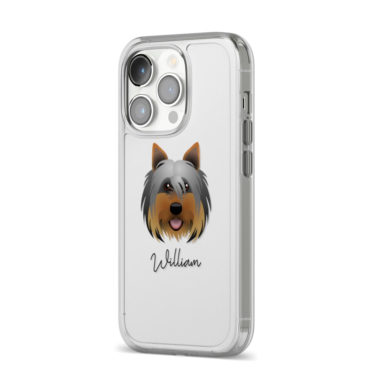 Yorkshire Terrier Personalised iPhone 14 Pro Clear Tough Case Silver Angled Image