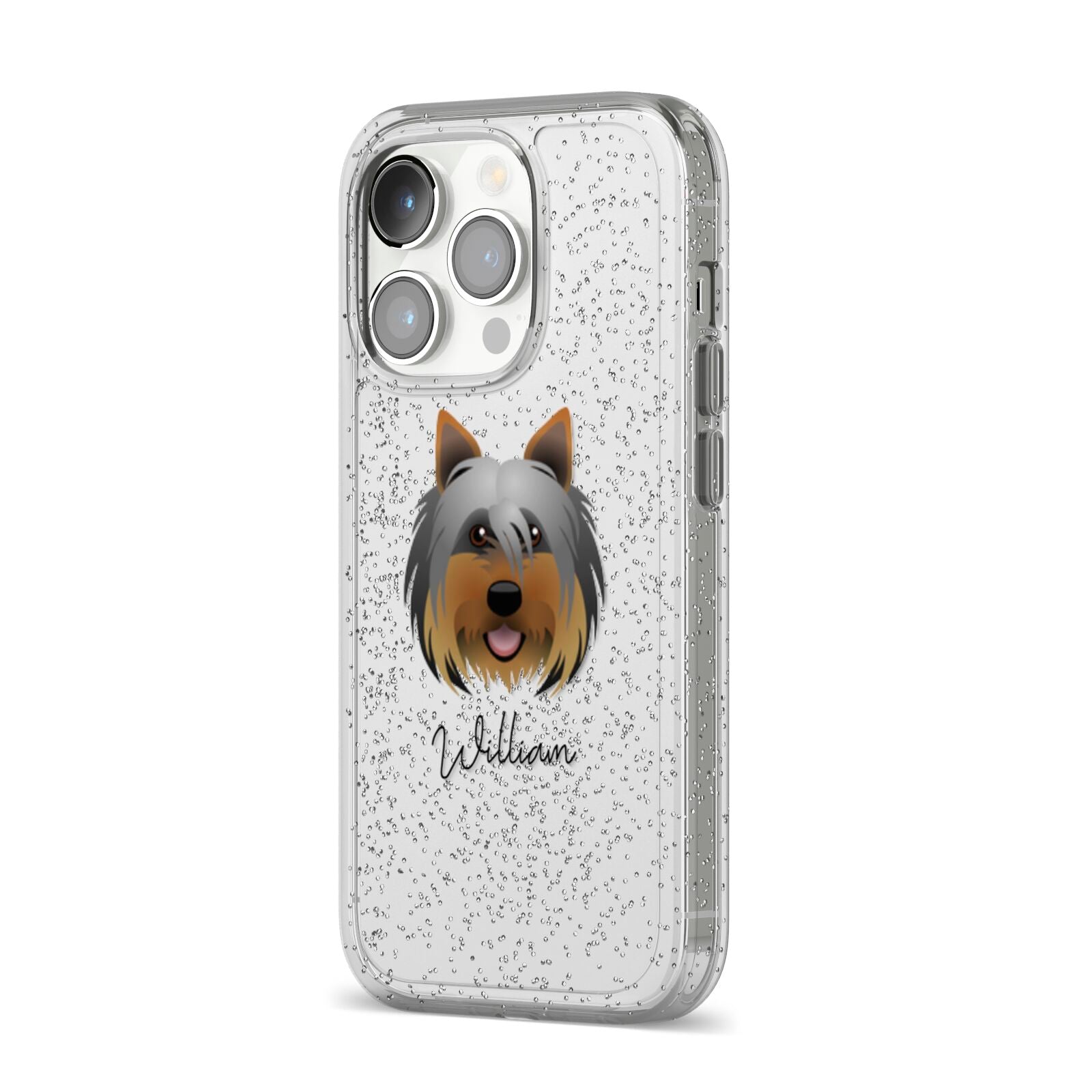 Yorkshire Terrier Personalised iPhone 14 Pro Glitter Tough Case Silver Angled Image