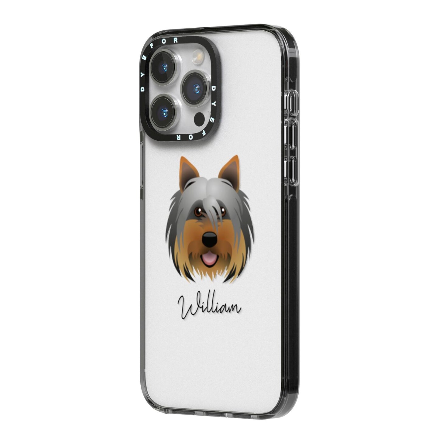 Yorkshire Terrier Personalised iPhone 14 Pro Max Black Impact Case Side Angle on Silver phone