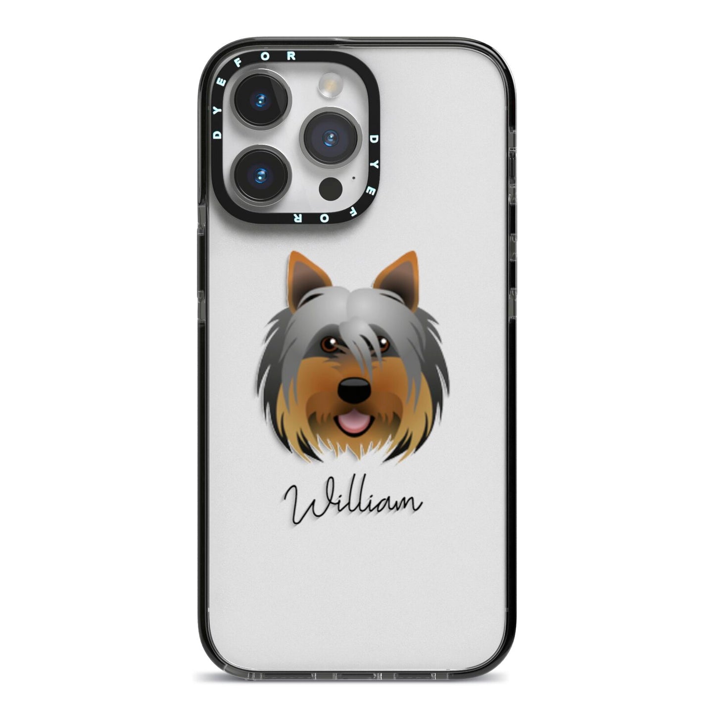Yorkshire Terrier Personalised iPhone 14 Pro Max Black Impact Case on Silver phone