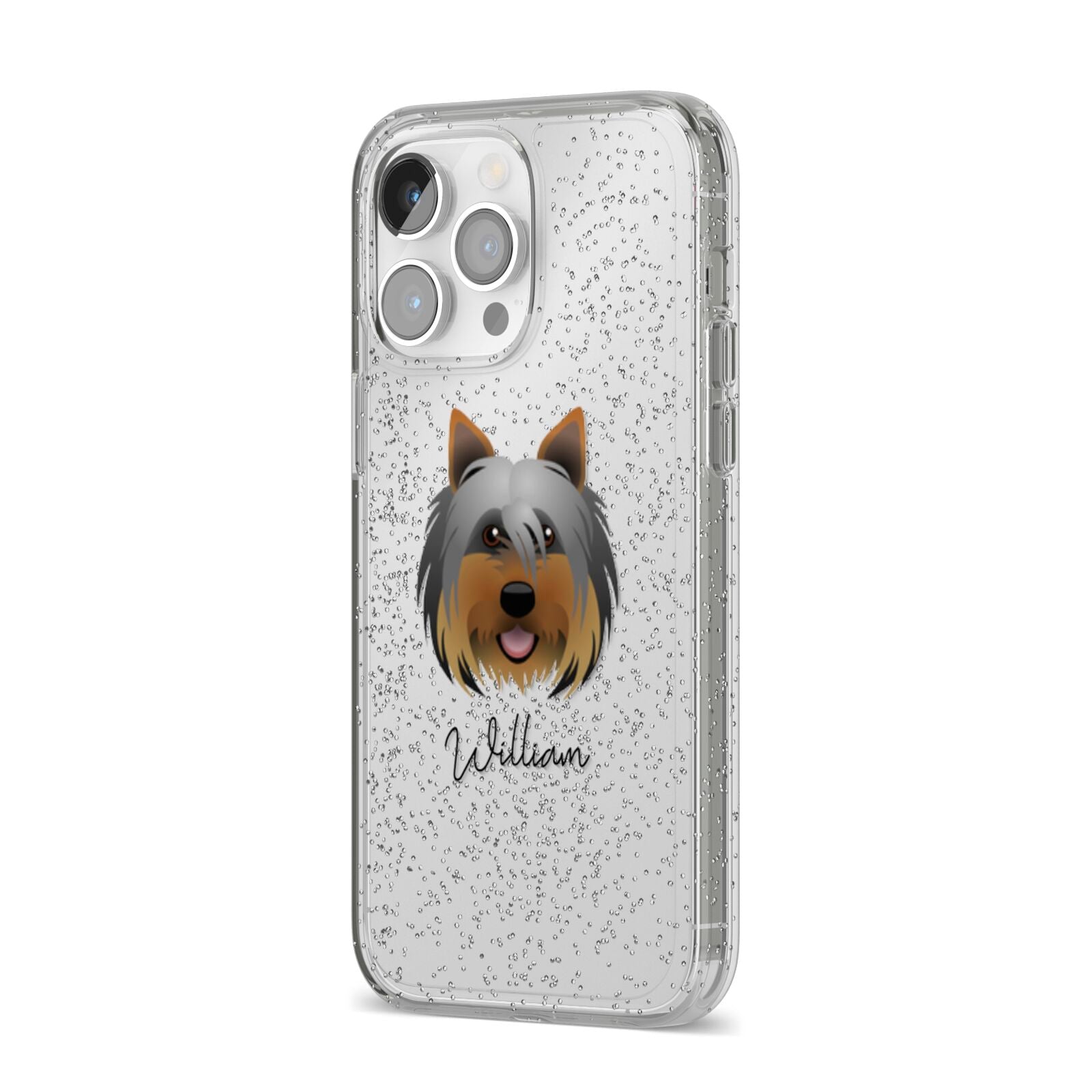 Yorkshire Terrier Personalised iPhone 14 Pro Max Glitter Tough Case Silver Angled Image