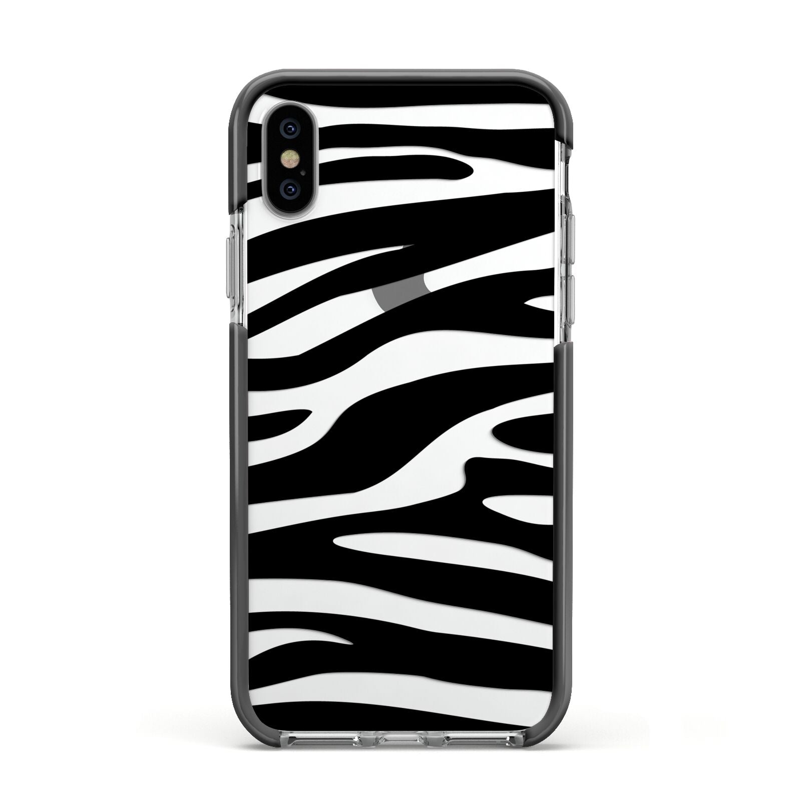 Zebra Print Apple iPhone Xs Impact Case Black Edge on Silver Phone