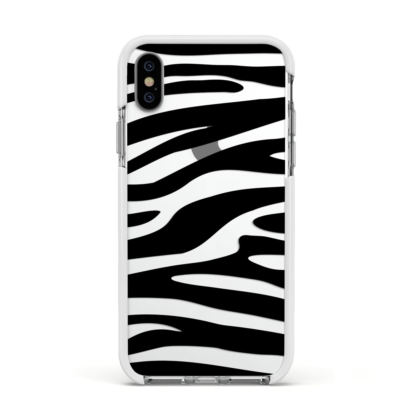 Zebra Print Apple iPhone Xs Impact Case White Edge on Silver Phone