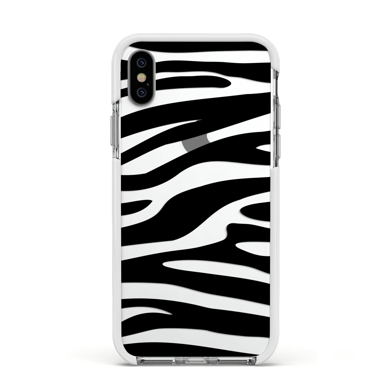 Zebra Print Apple iPhone Xs Impact Case White Edge on Silver Phone