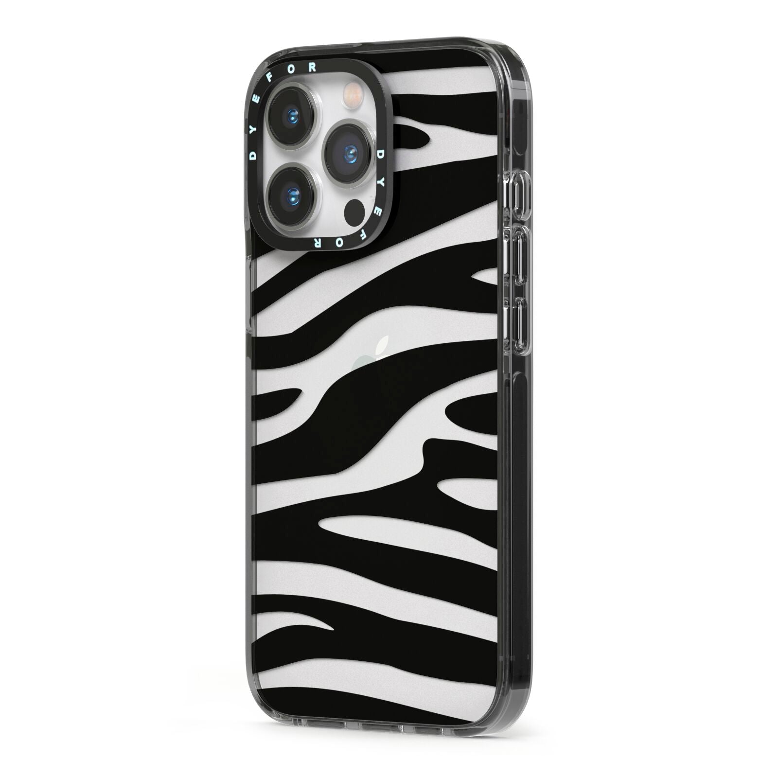 Zebra Print iPhone 13 Pro Black Impact Case Side Angle on Silver phone