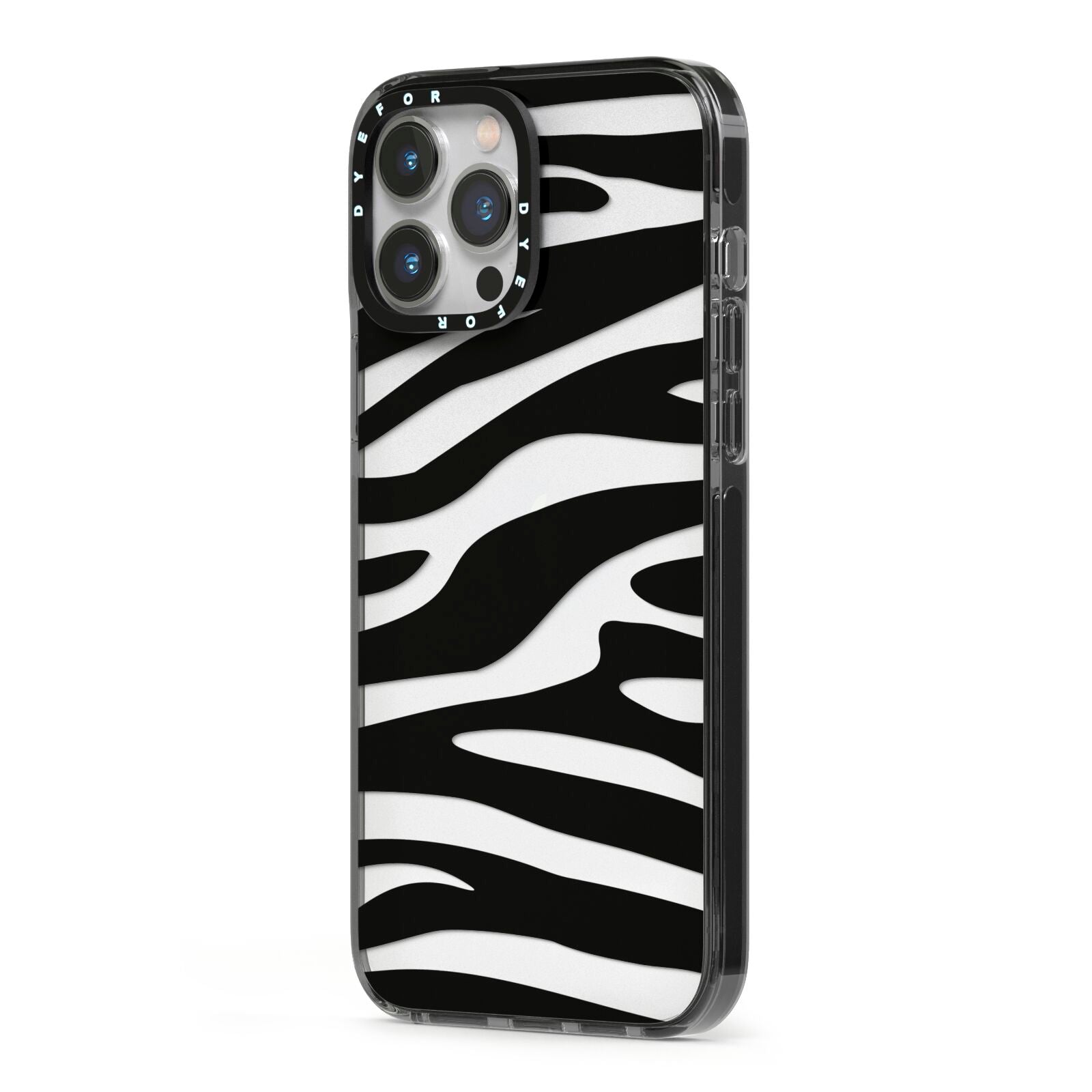Zebra Print iPhone 13 Pro Max Black Impact Case Side Angle on Silver phone