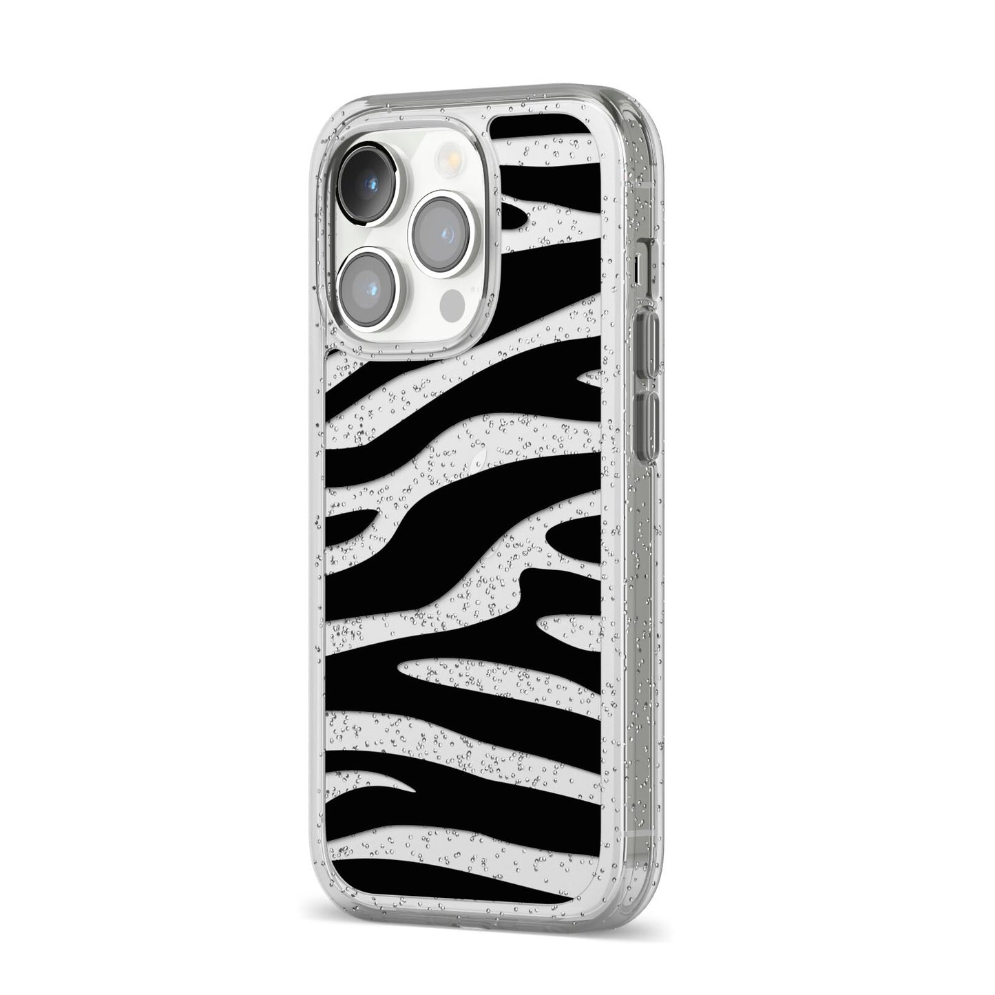 Zebra Print iPhone 14 Pro Glitter Tough Case Silver Angled Image