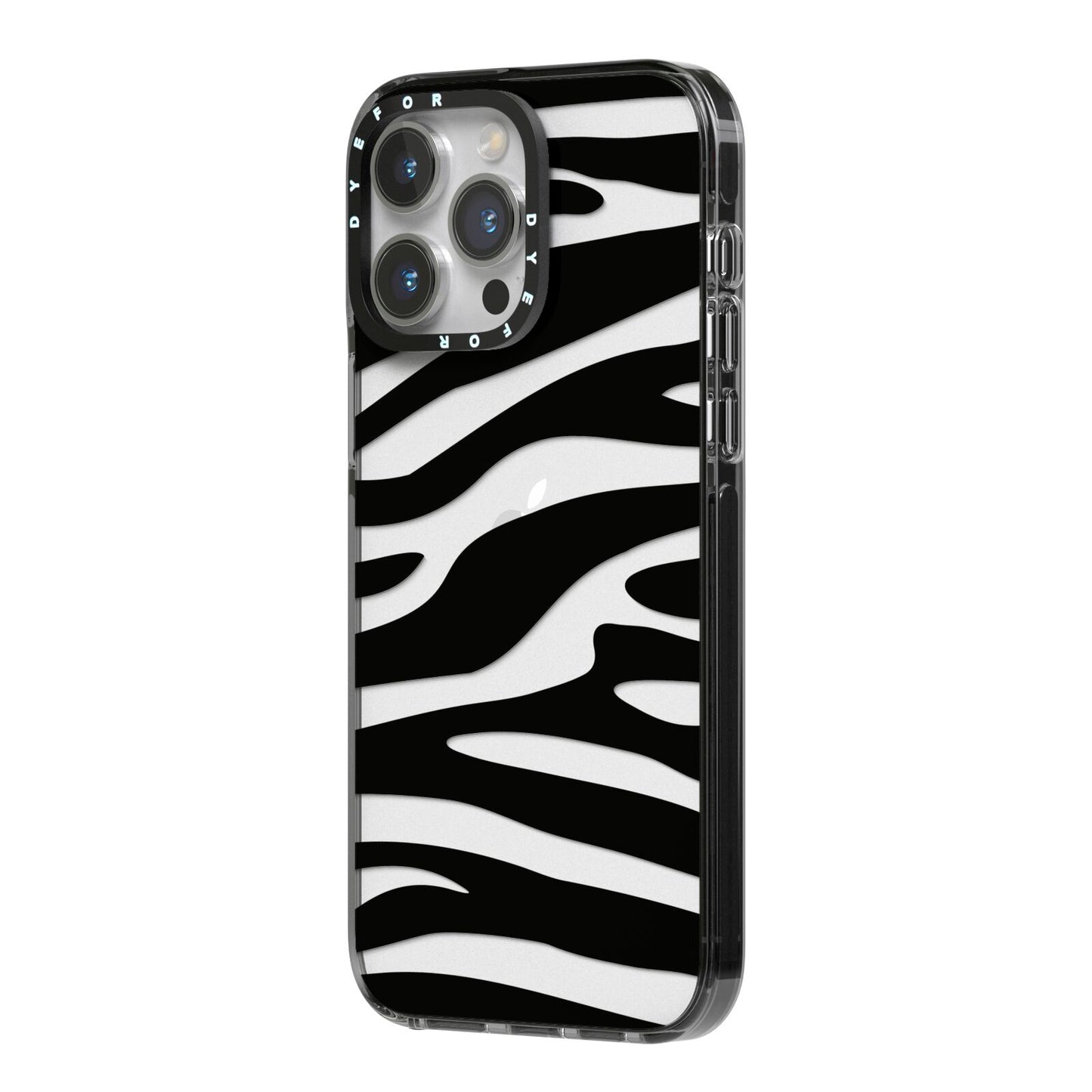 Zebra Print iPhone 14 Pro Max Black Impact Case Side Angle on Silver phone