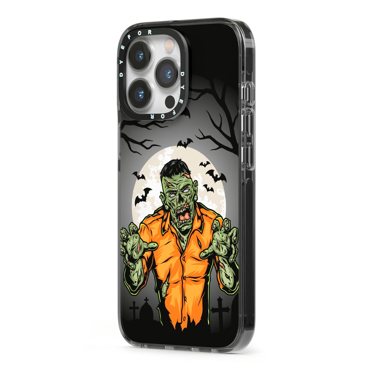 Zombie Night iPhone 13 Pro Black Impact Case Side Angle on Silver phone