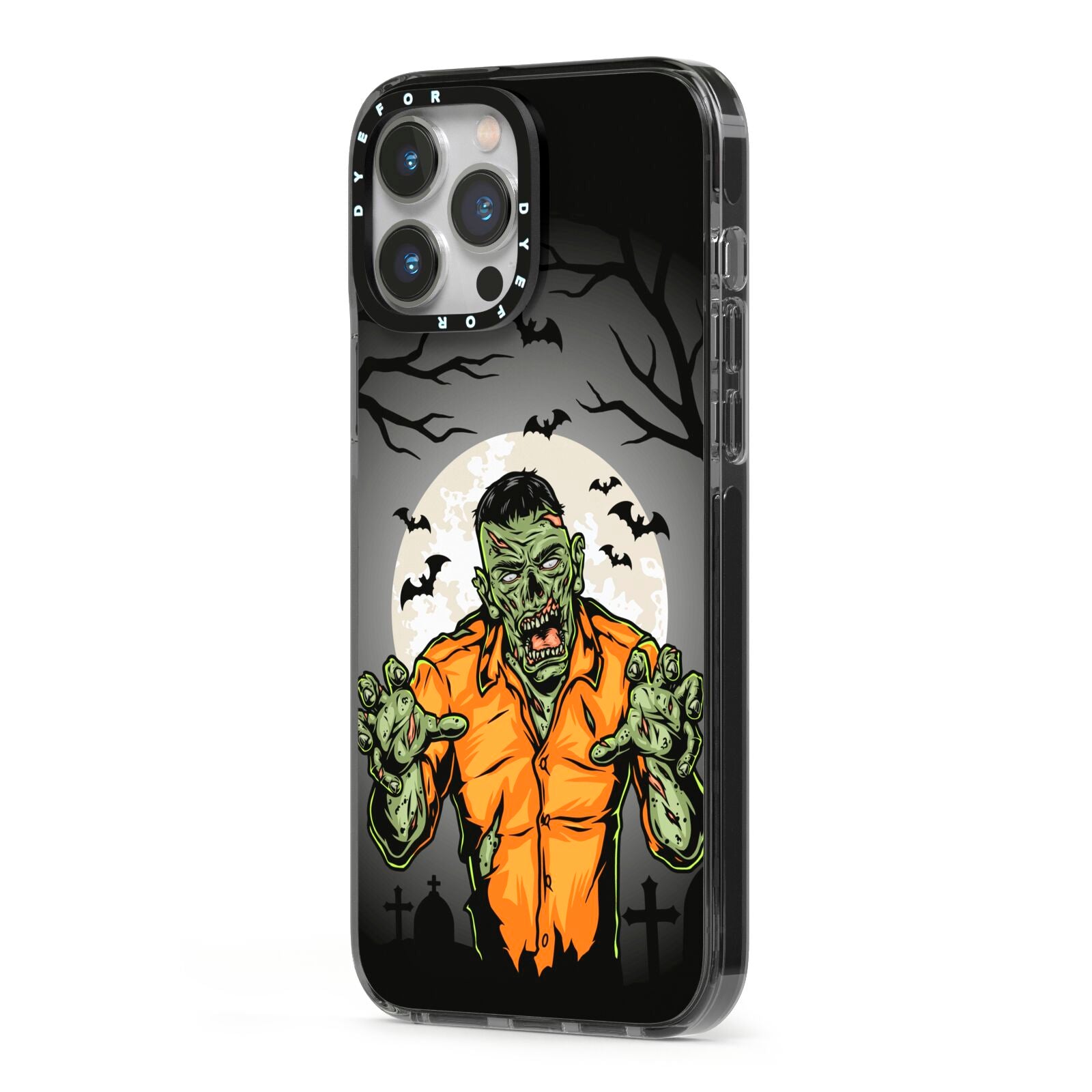 Zombie Night iPhone 13 Pro Max Black Impact Case Side Angle on Silver phone