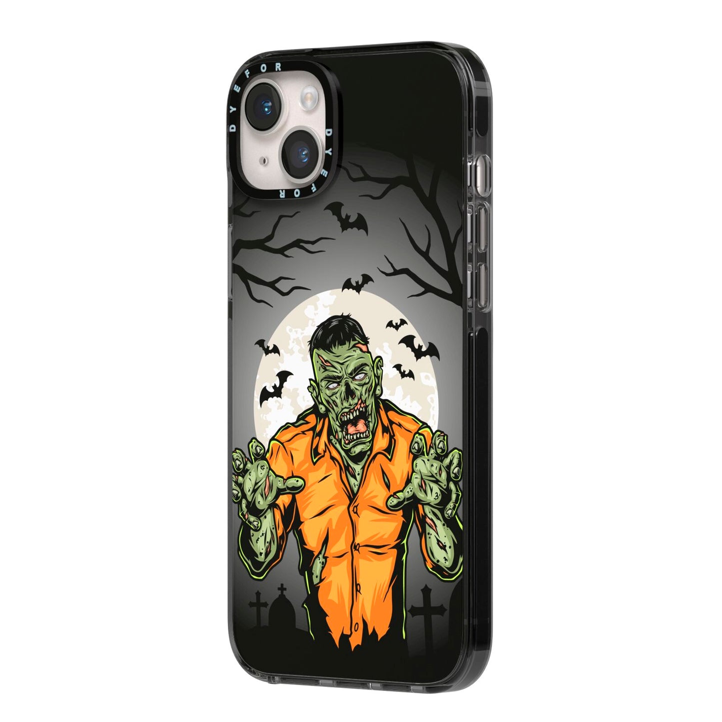Zombie Night iPhone 14 Plus Black Impact Case Side Angle on Silver phone