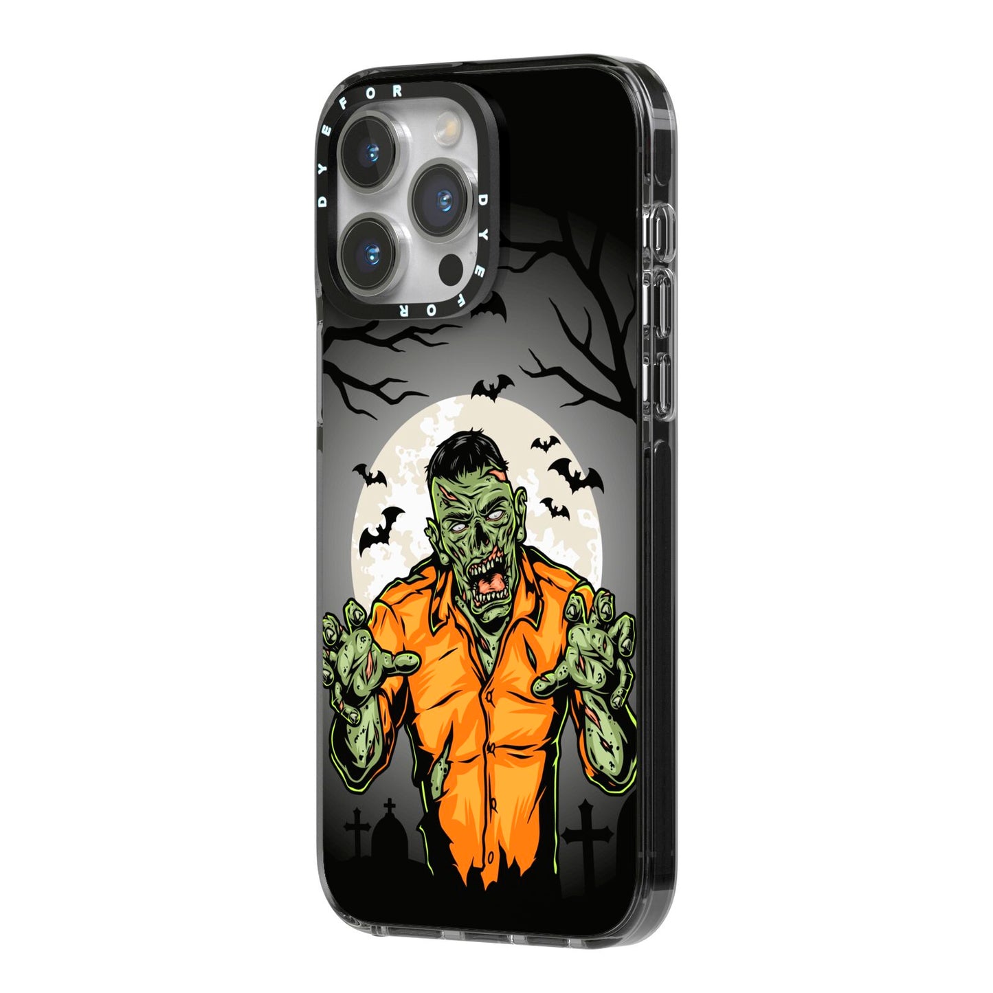 Zombie Night iPhone 14 Pro Max Black Impact Case Side Angle on Silver phone