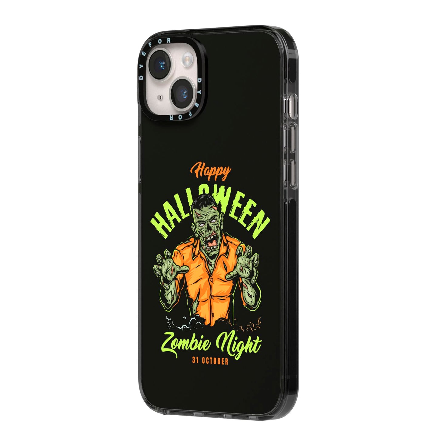 Zombie iPhone 14 Plus Black Impact Case Side Angle on Silver phone