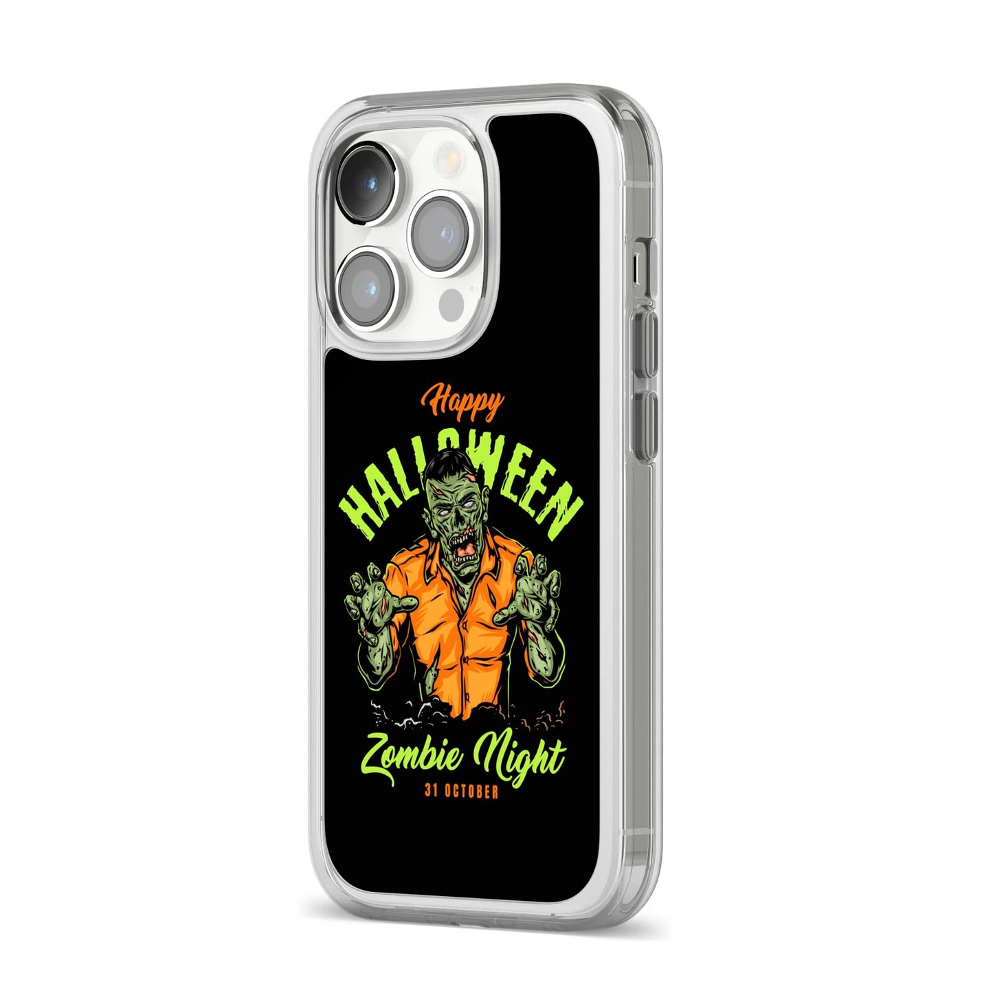 Zombie iPhone 14 Pro Clear Tough Case Silver Angled Image