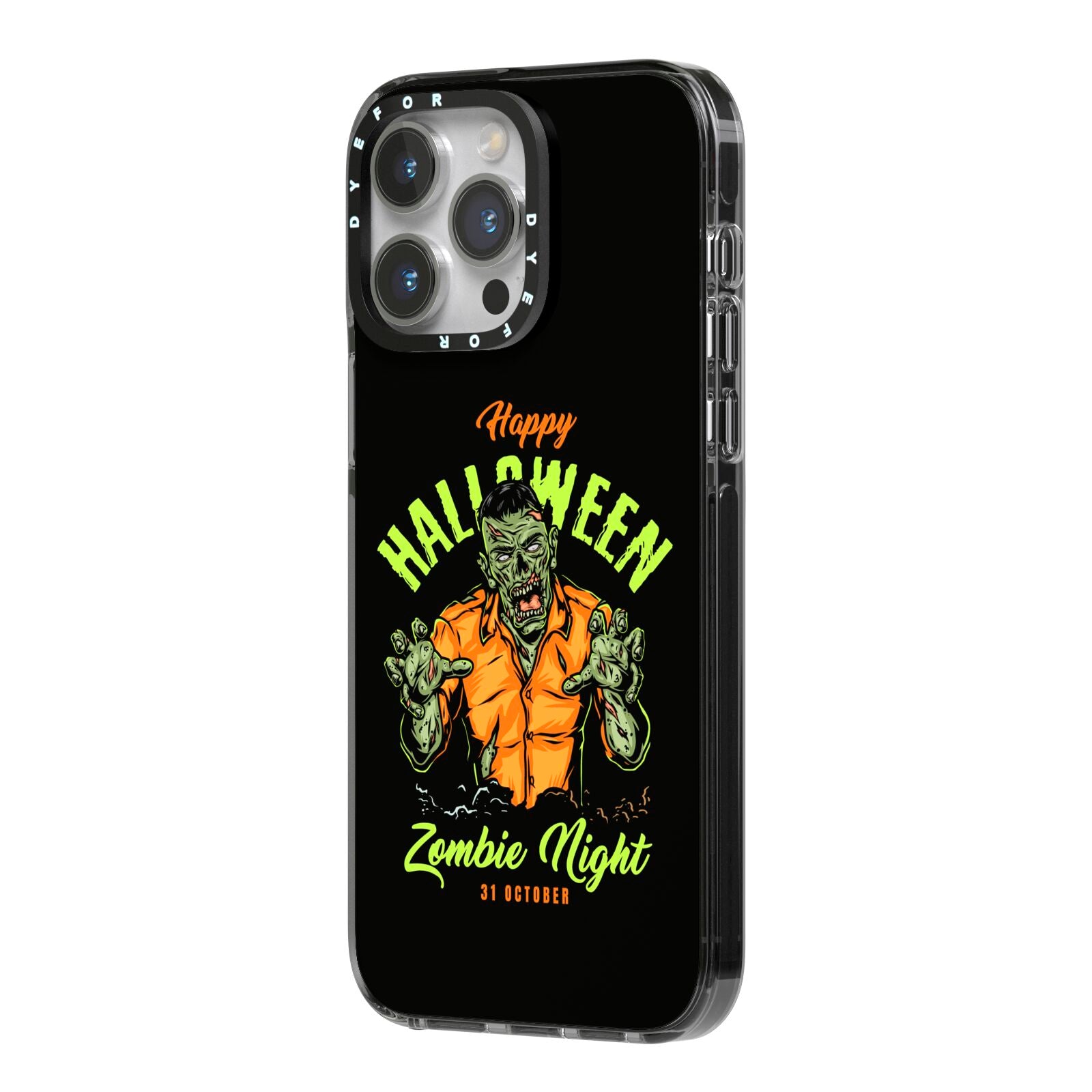 Zombie iPhone 14 Pro Max Black Impact Case Side Angle on Silver phone