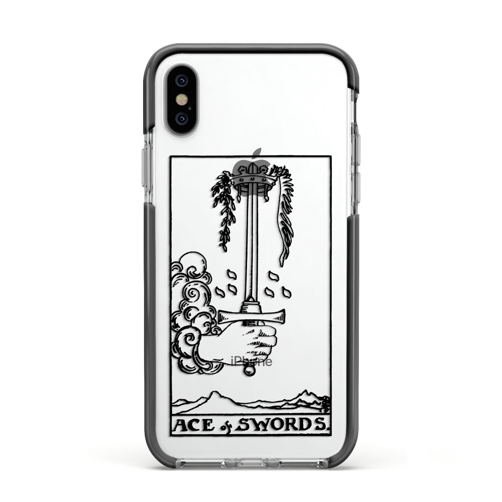 Ace of Swords Monochrome Apple iPhone Xs Impact Case Black Edge on Silver Phone