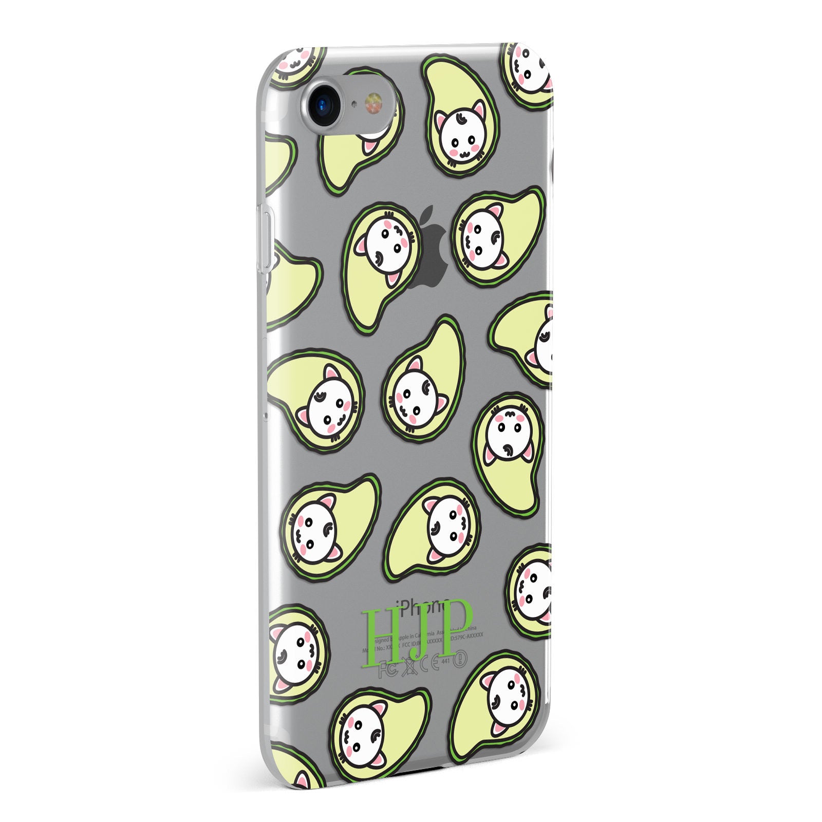 Personalised Avocado Cat Initials Clear Apple iPhone Case Fourty Five Degrees