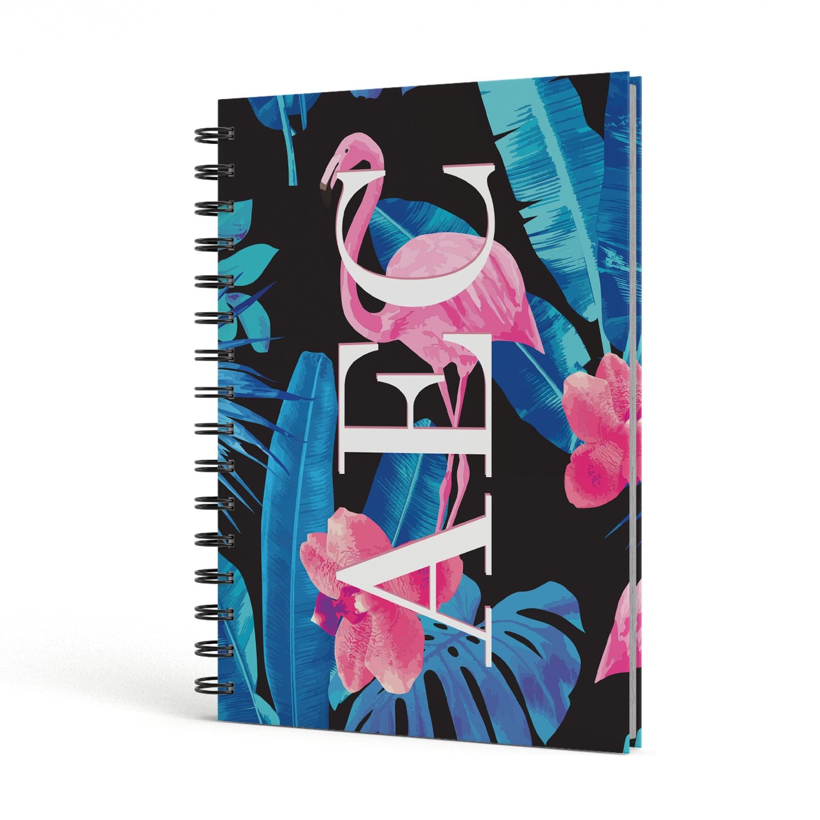 Black & Blue Tropical Flamingo A5 Hardcover Notebook Side View