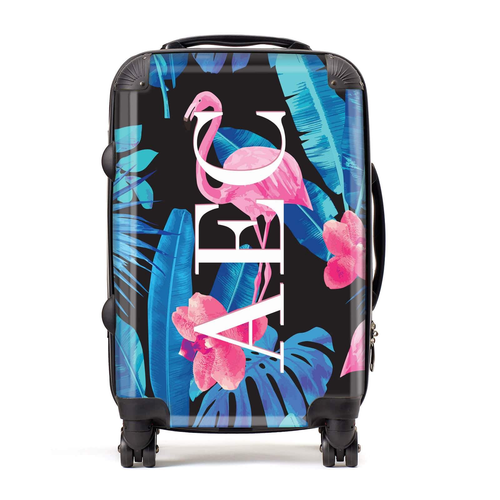 Black & Blue Tropical Flamingo Personalised Suitcase