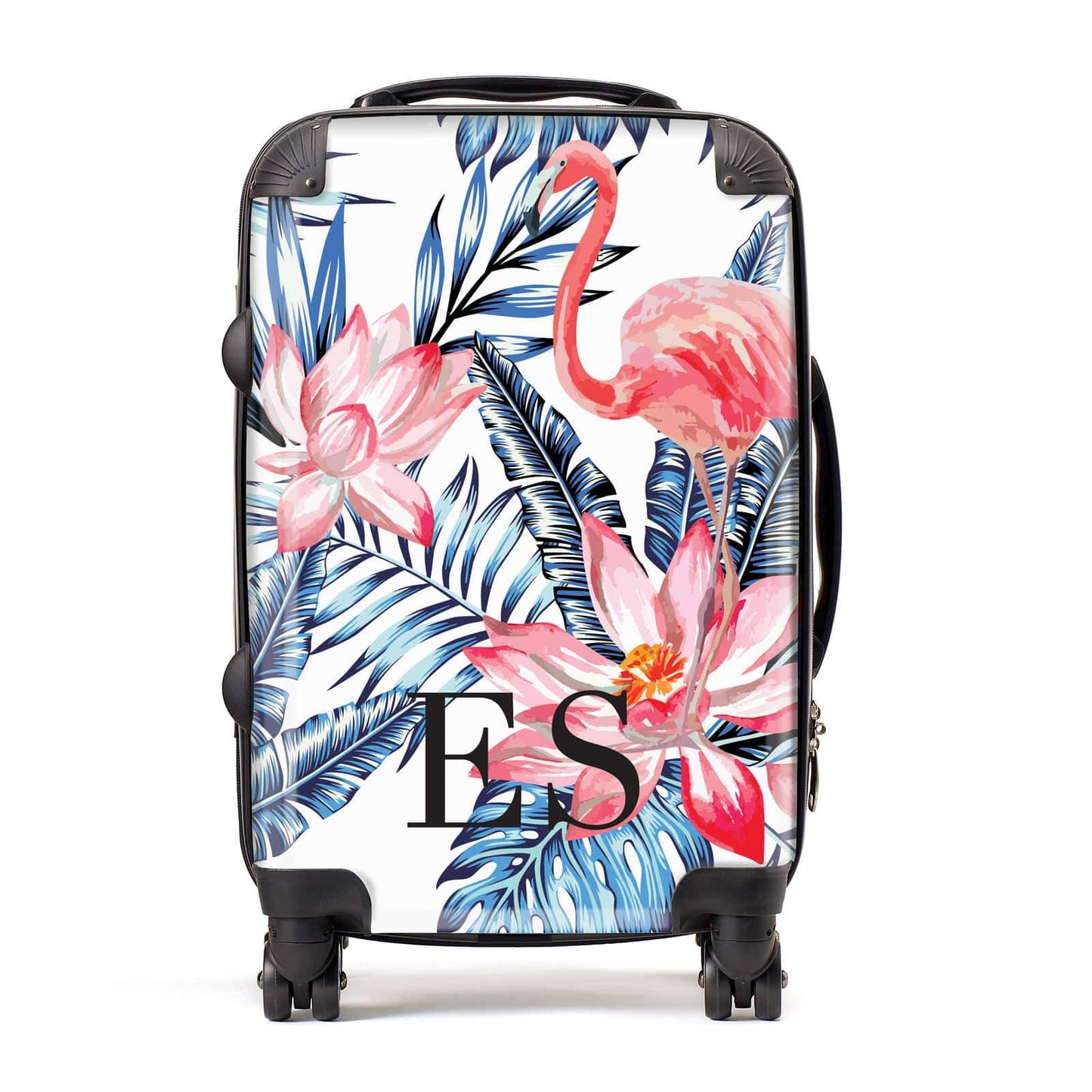 Blue Leaves & Pink Flamingos Personalised Suitcase