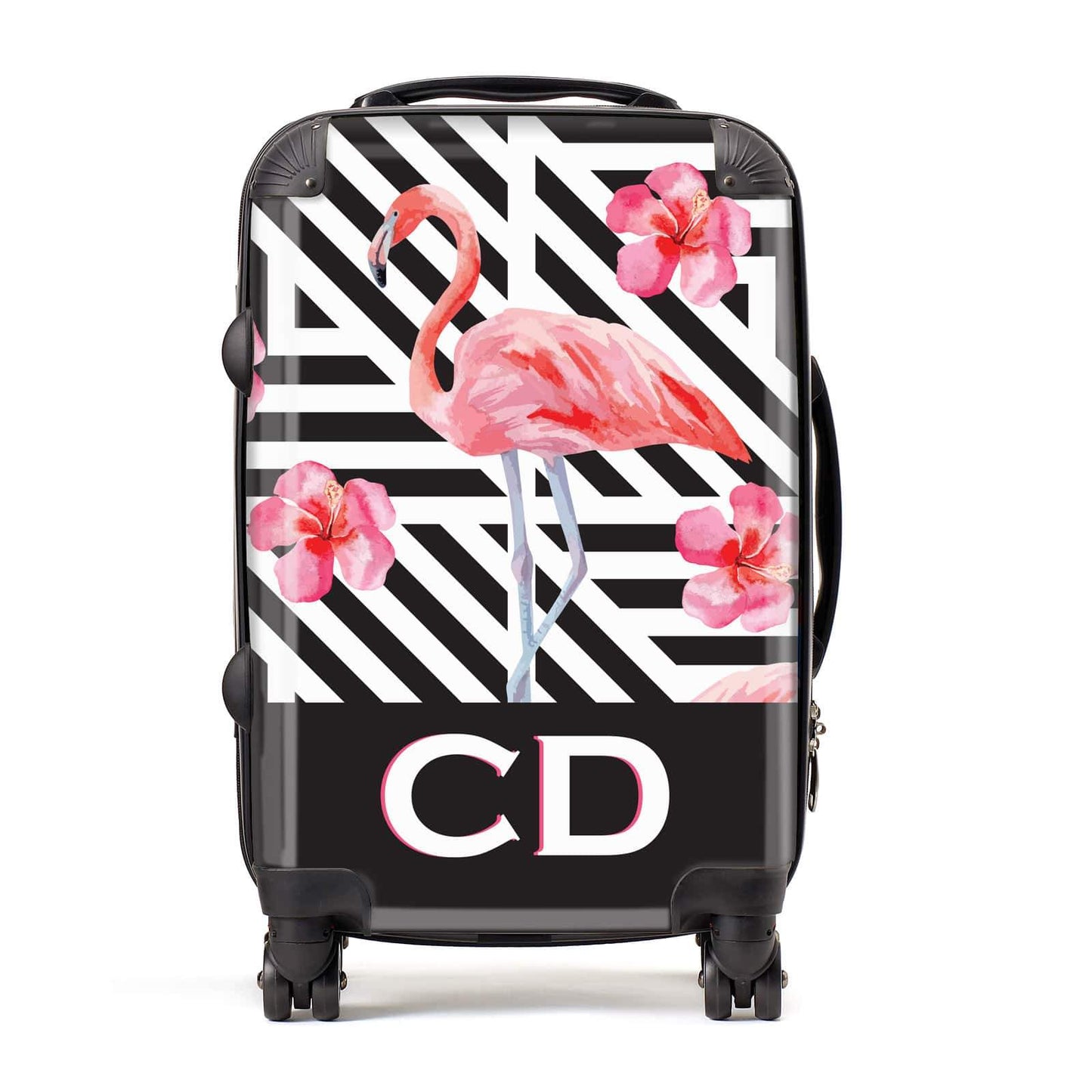 Flamingo Black Geometric Personalised Suitcase