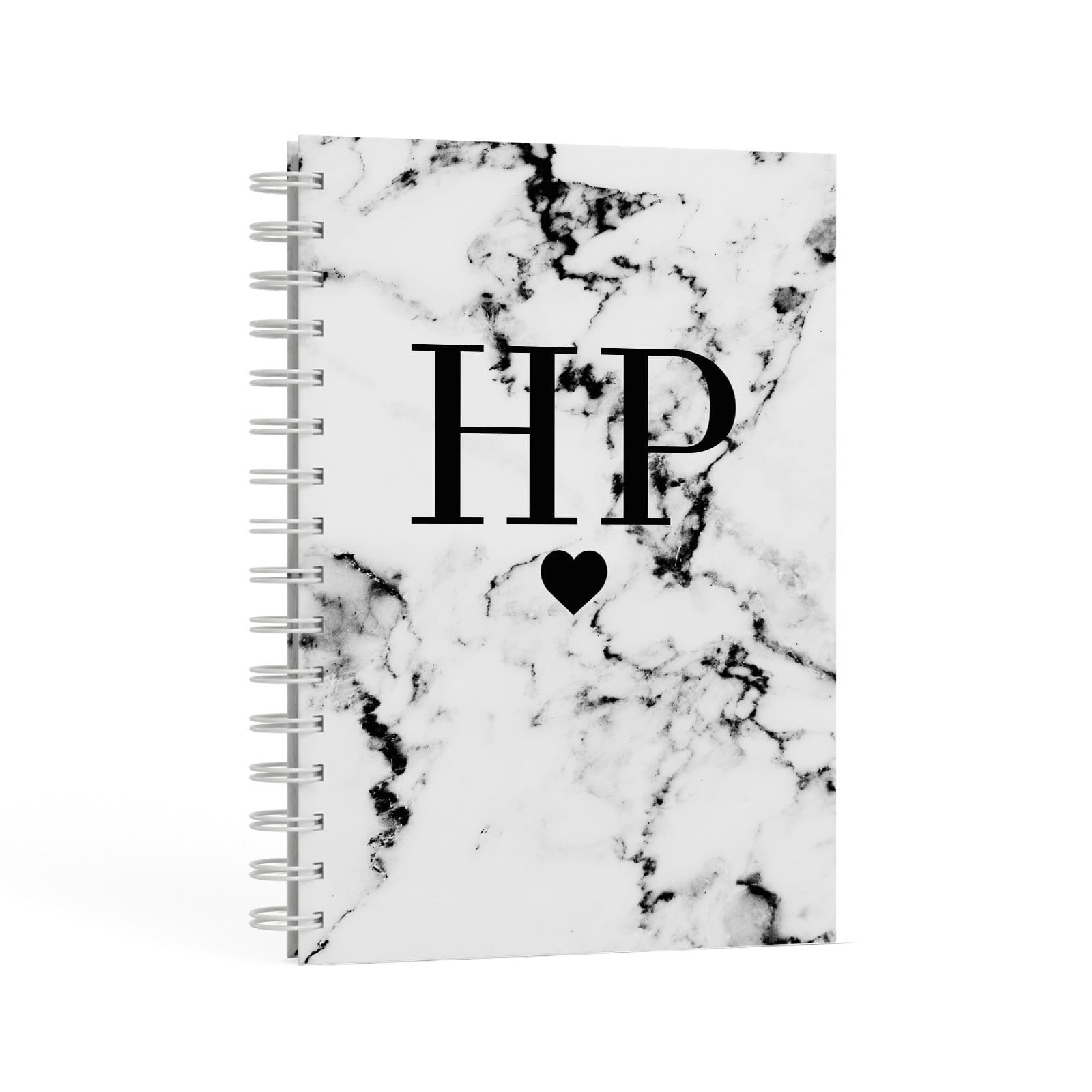 Heart Decal Marble Initials Personalised A5 Hardcover Notebook Second Side View