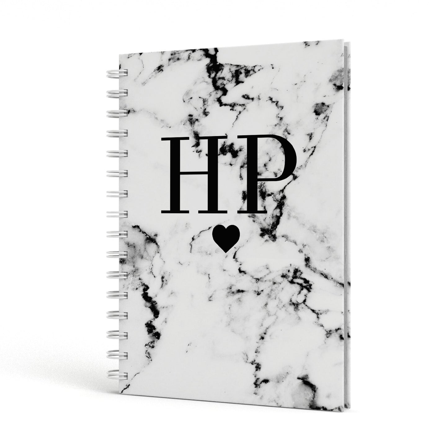 Heart Decal Marble Initials Personalised A5 Hardcover Notebook Side View