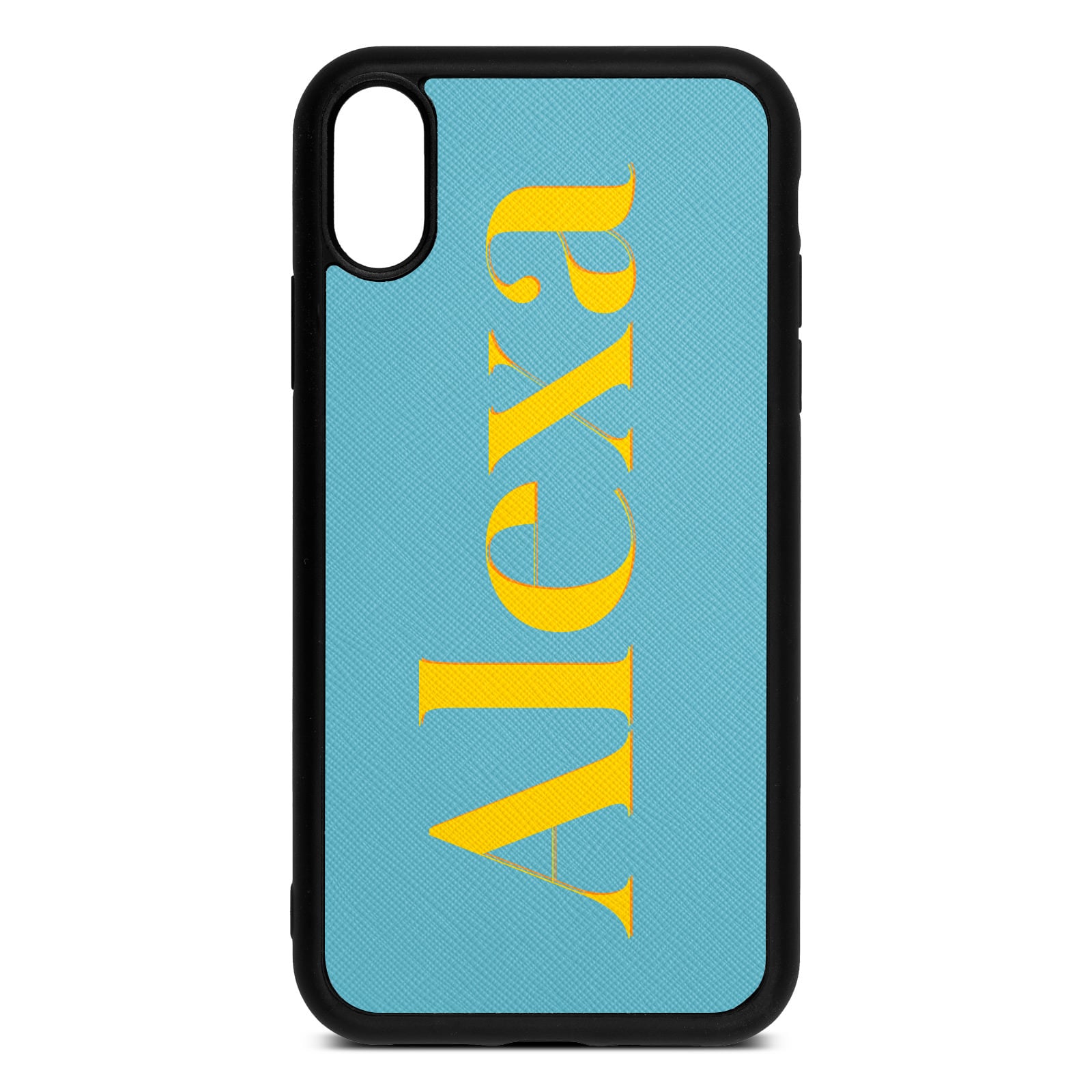 Personalised Sky Blue Saffiano Leather iPhone XR Case