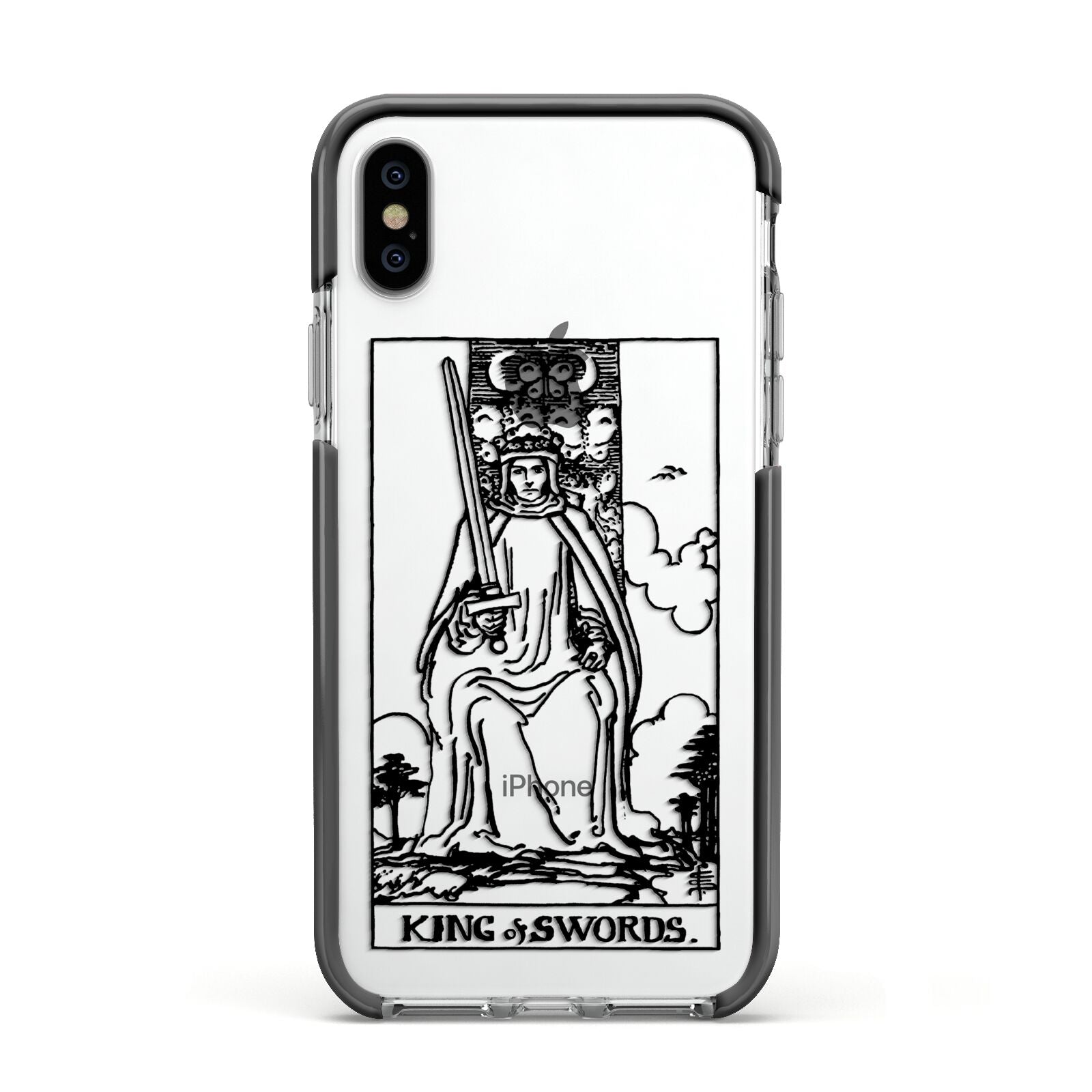 King of Swords Monochrome Apple iPhone Xs Impact Case Black Edge on Silver Phone