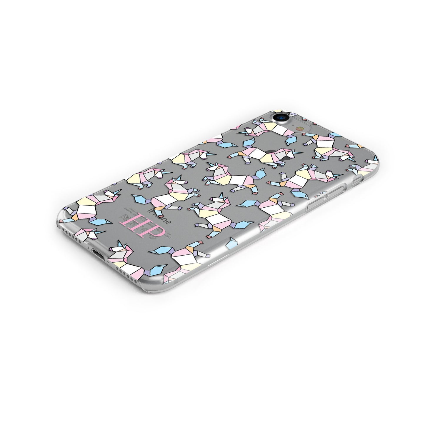 Origami Unicorn Transparent Personalised Initials Apple iPhone Case Bottom Cutout