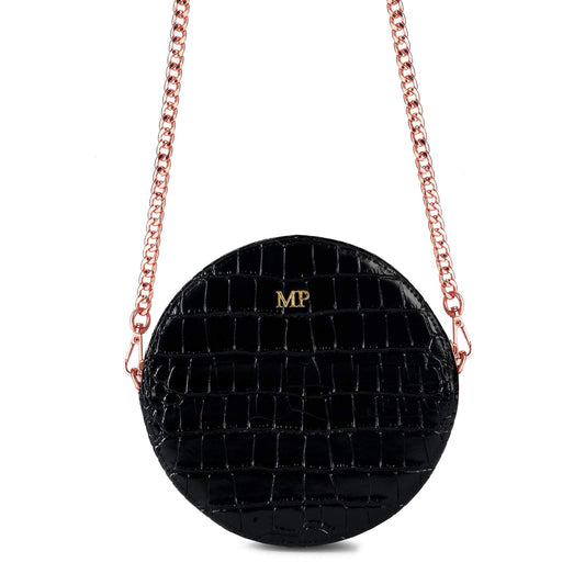 Personalised Black Croc Leather Round Crossbody Bag