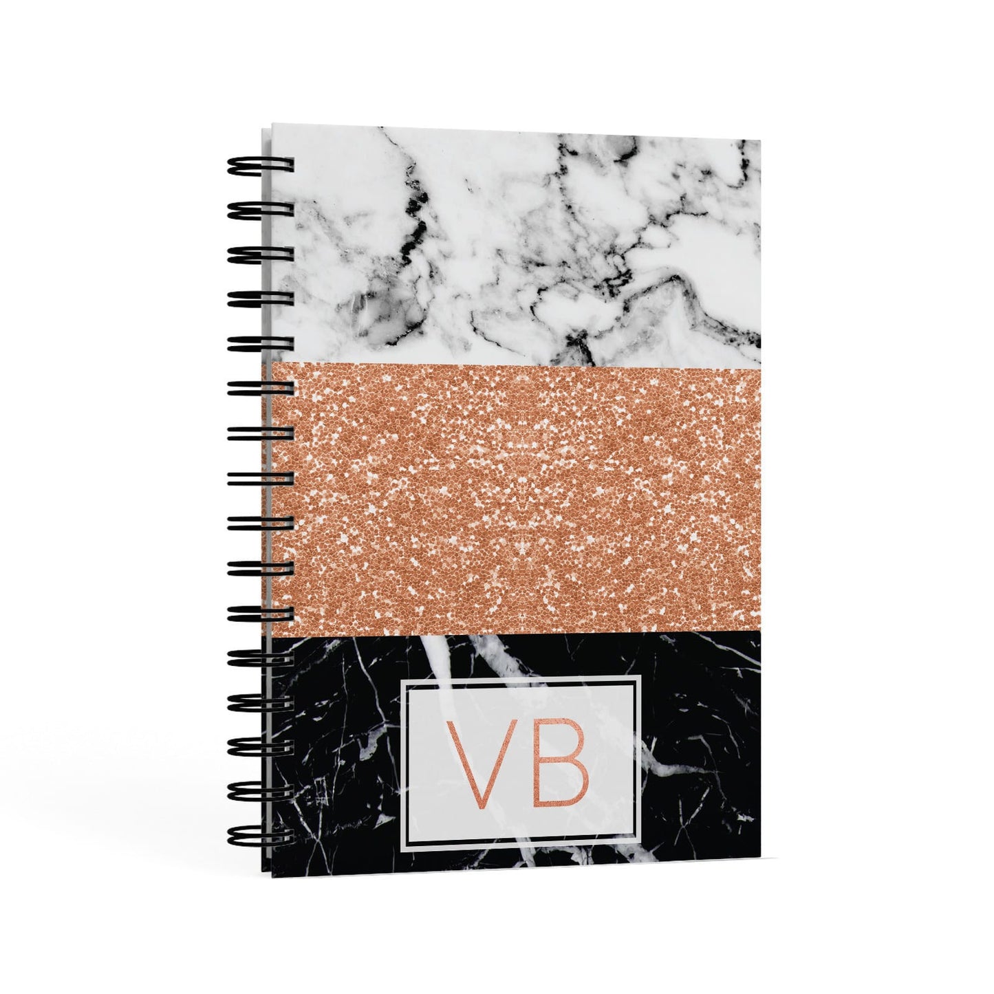 Personalised Black Marble Initials A5 Hardcover Notebook Second Side View