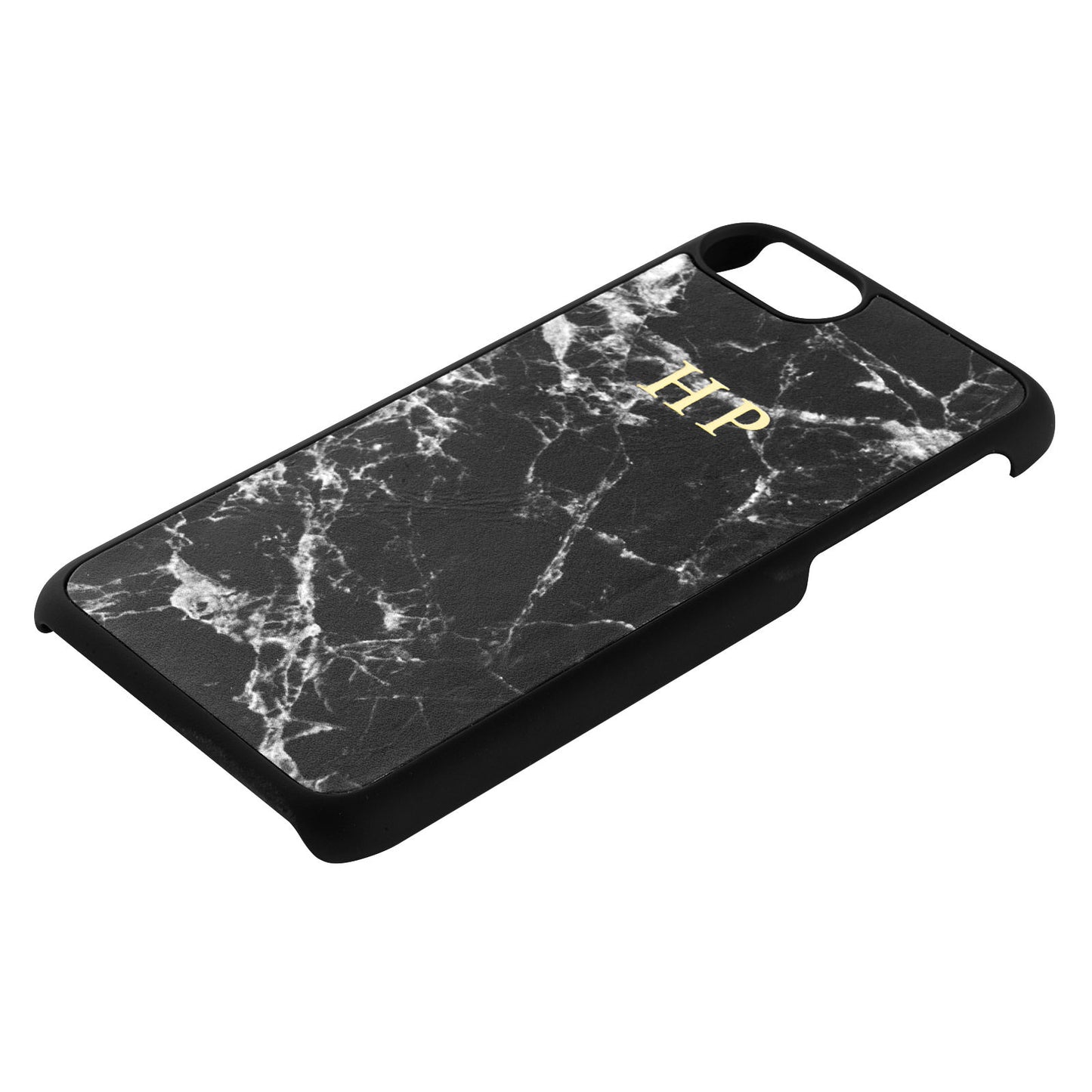 Personalised Black Marble Leather iPhone Case Side Angle