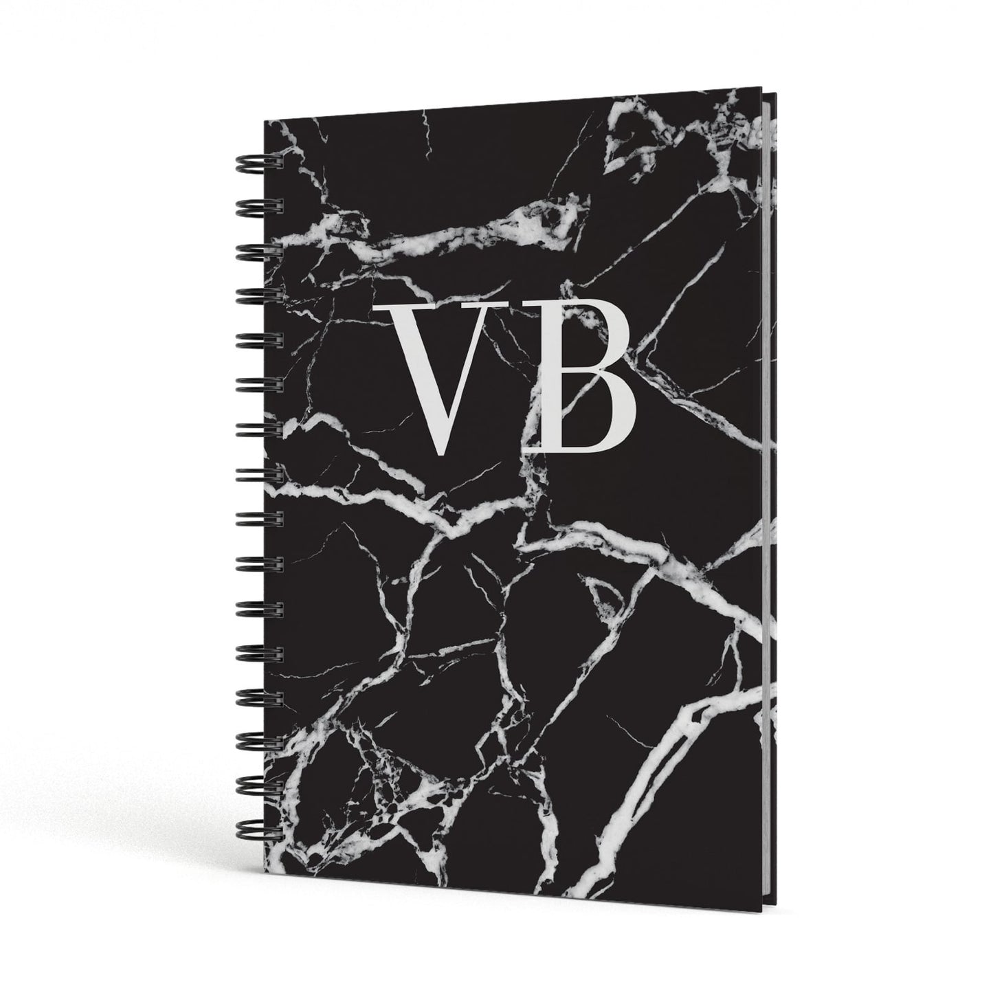 Personalised Black Marble Monogram A5 Hardcover Notebook Side View