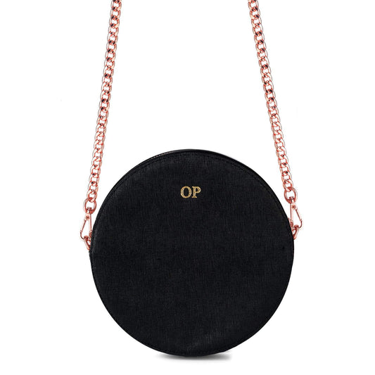 Personalised Black Saffiano Leather Round Crossbody Bag
