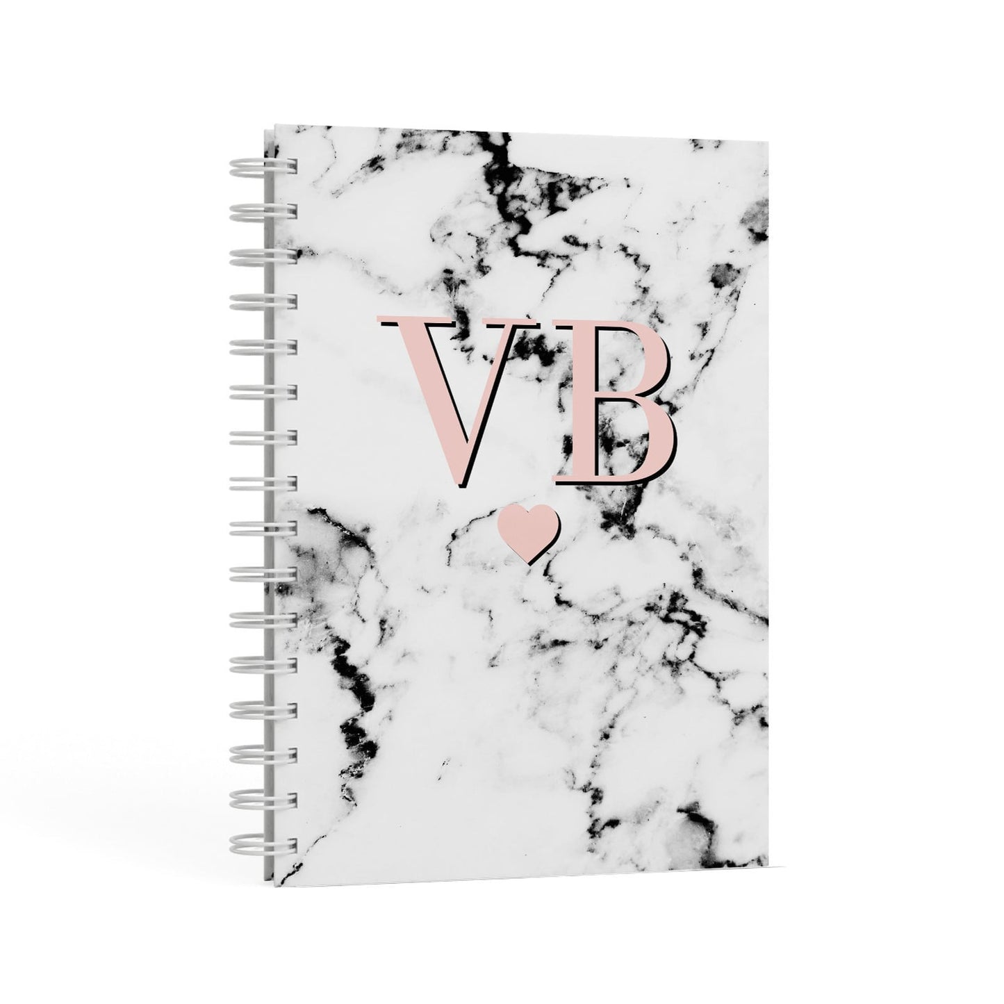 Personalised Coral Heart Initial & Marble A5 Hardcover Notebook Second Side View