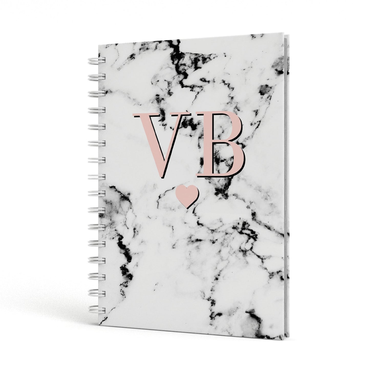 Personalised Coral Heart Initial & Marble A5 Hardcover Notebook Side View